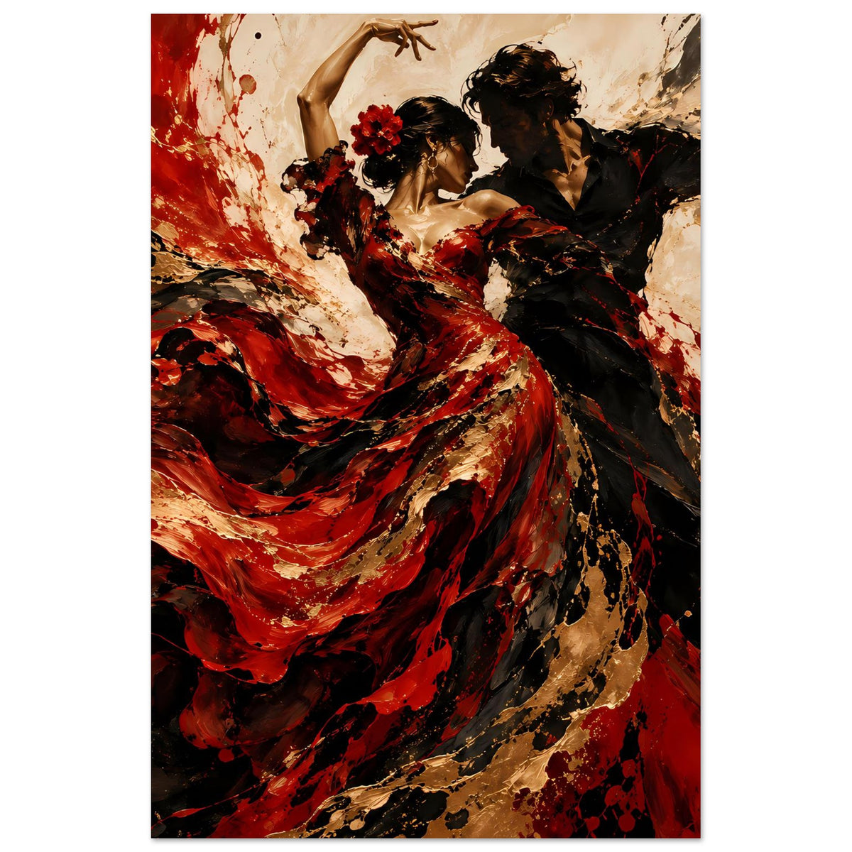 Kunstposter im Hochformat mit Flamenco-Tänzern, rot-goldene Wirbel, schwarze Silhouetten