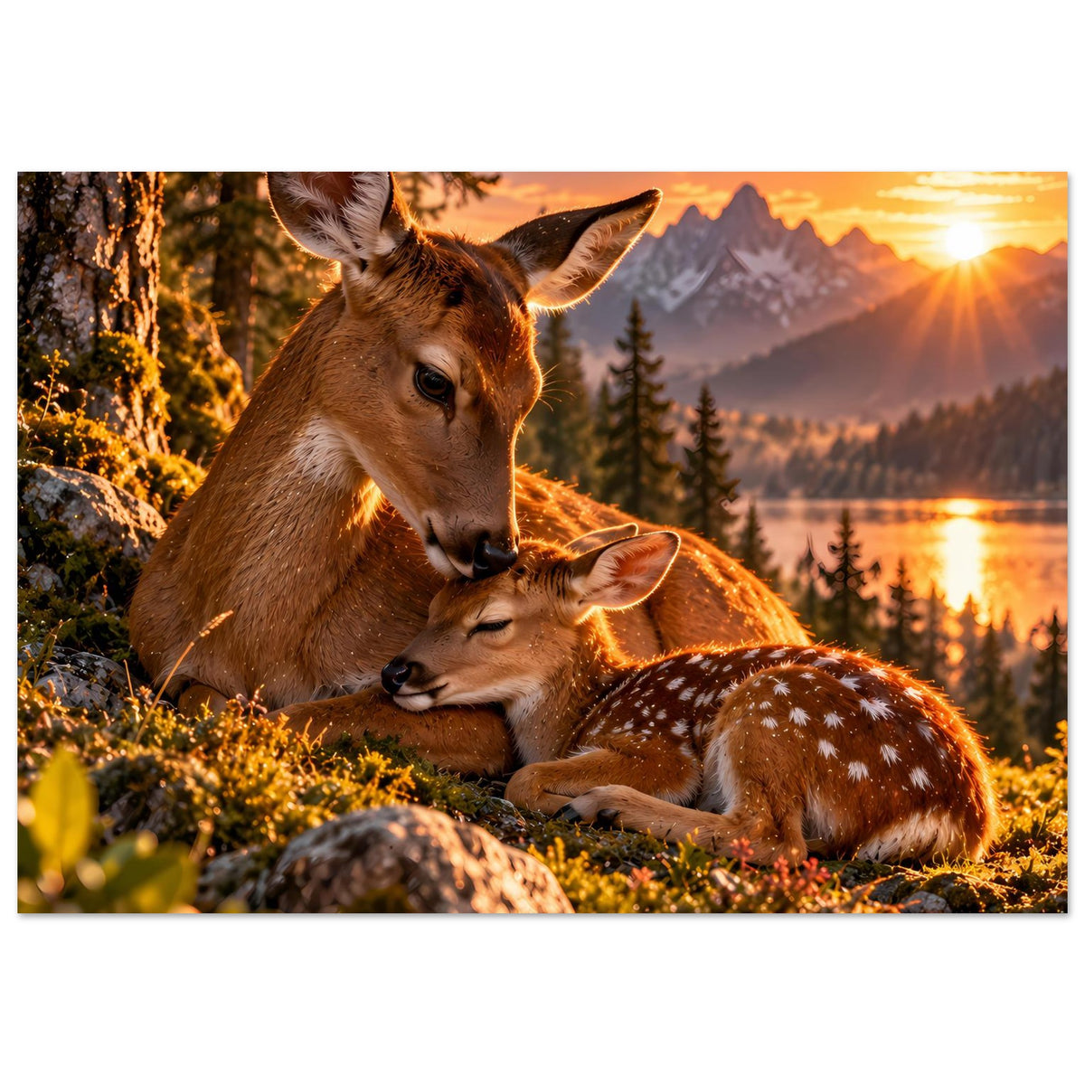 Hirsch-Motiv Poster: Reh mit Kitz am Waldboden, Sonnenuntergang, horizontal