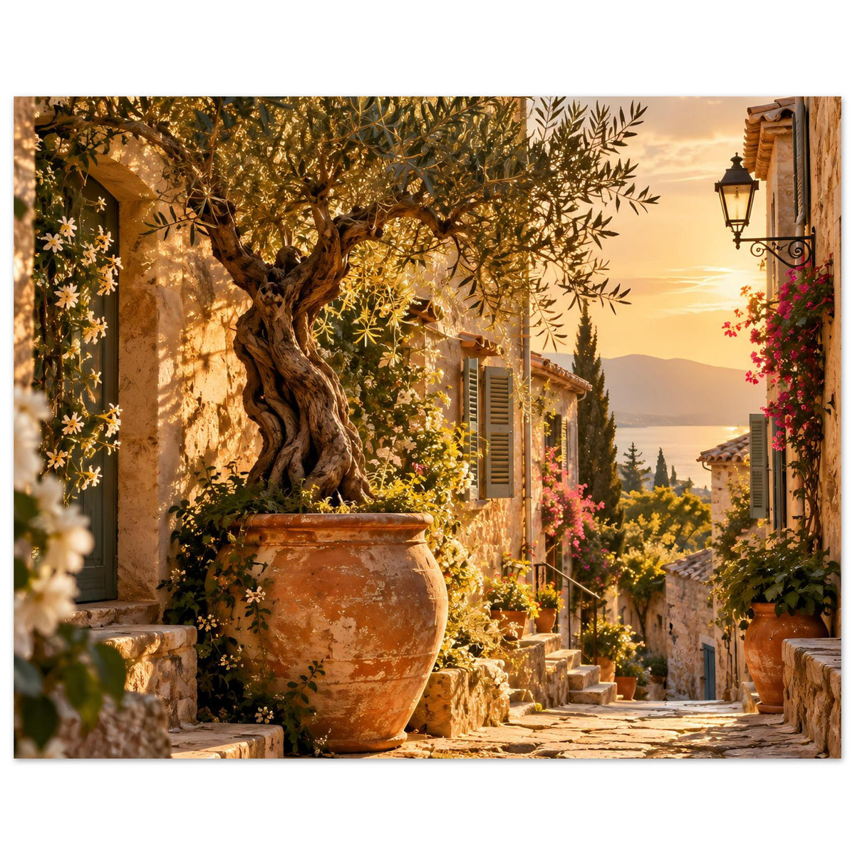 Poster mit Olivenbaum an Steinmauer, Tongefäß vor mediterraner Straße, goldenes Licht