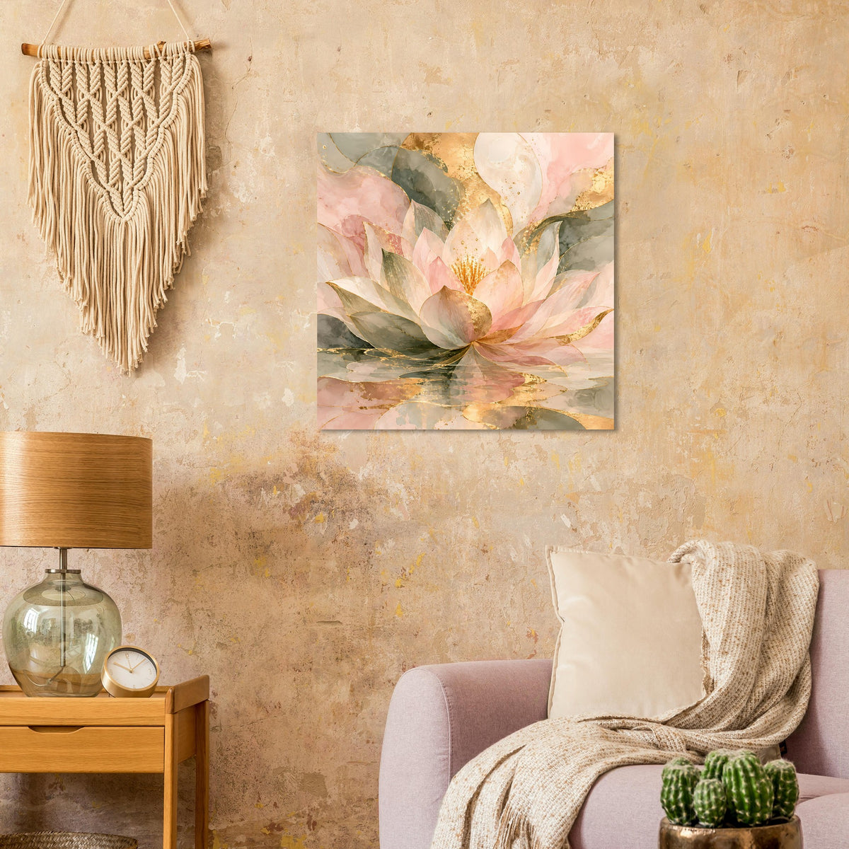 Quadratisches Poster mit Lotusblüte, grünem Blattwerk und goldenen Akzenten