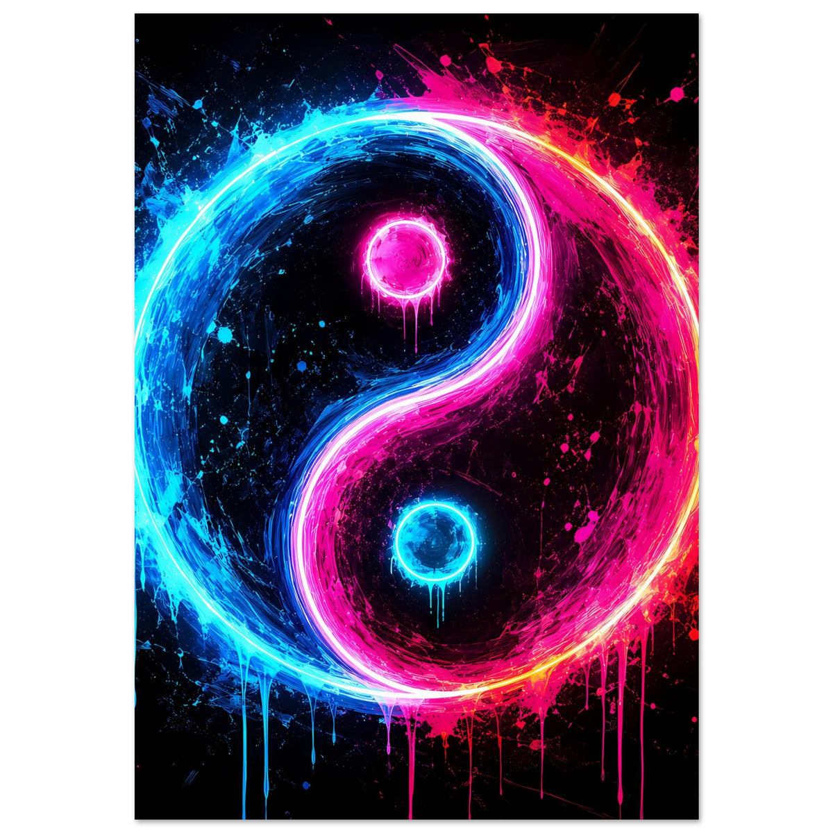 Neon-Yin-Yang-Poster mit leuchtendem Yin-Yang in Blau und Pink sowie bunten Farbspritzern.