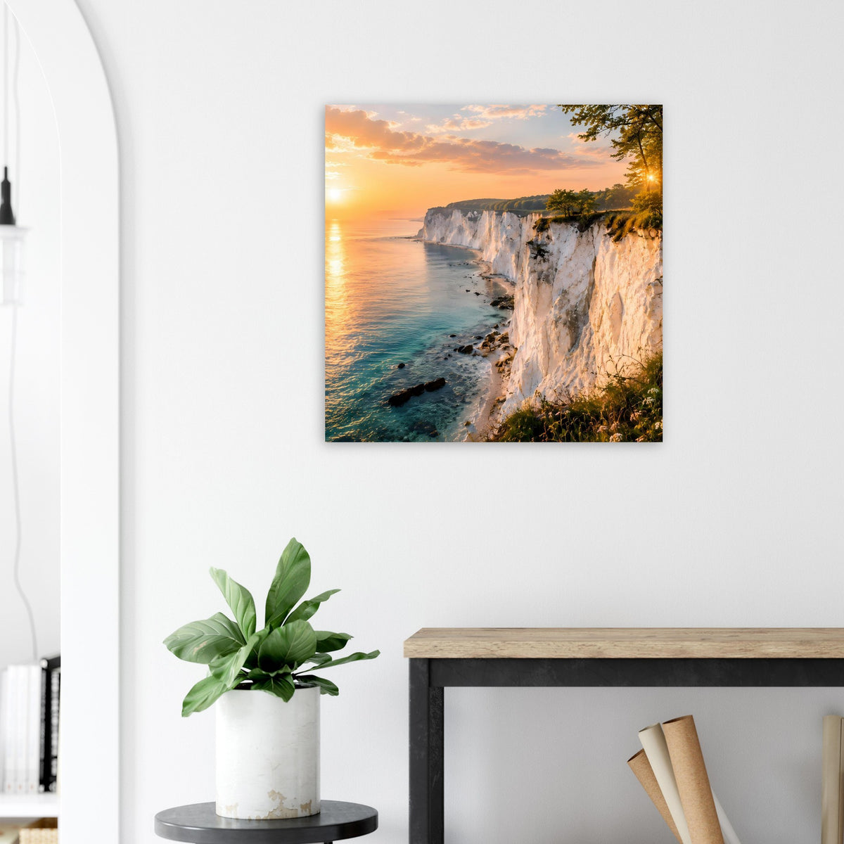 Poster mit Küstenlandschaft: Sonnenuntergang, Meer in Türkis und Klippen