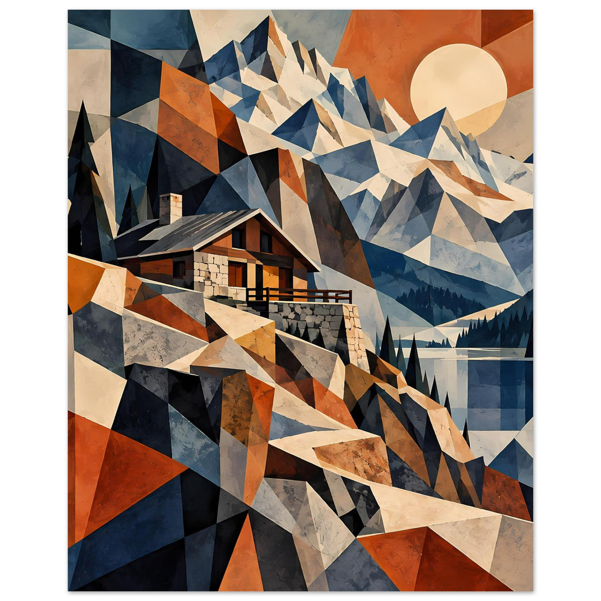 Poster mit geometrischer Berglandschaft mit Haus im Vordergrund, Dreiecksoptik in Blau und Rostrot