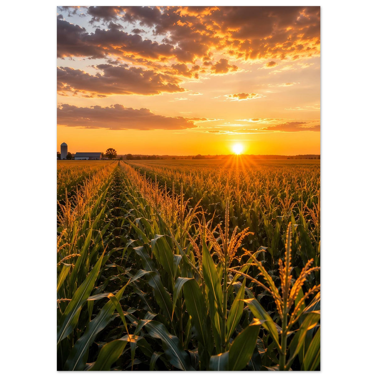 Poster mit Sonnenuntergang über Maisfeld, klare Abendsonne, grüne Ähren, Hochformat