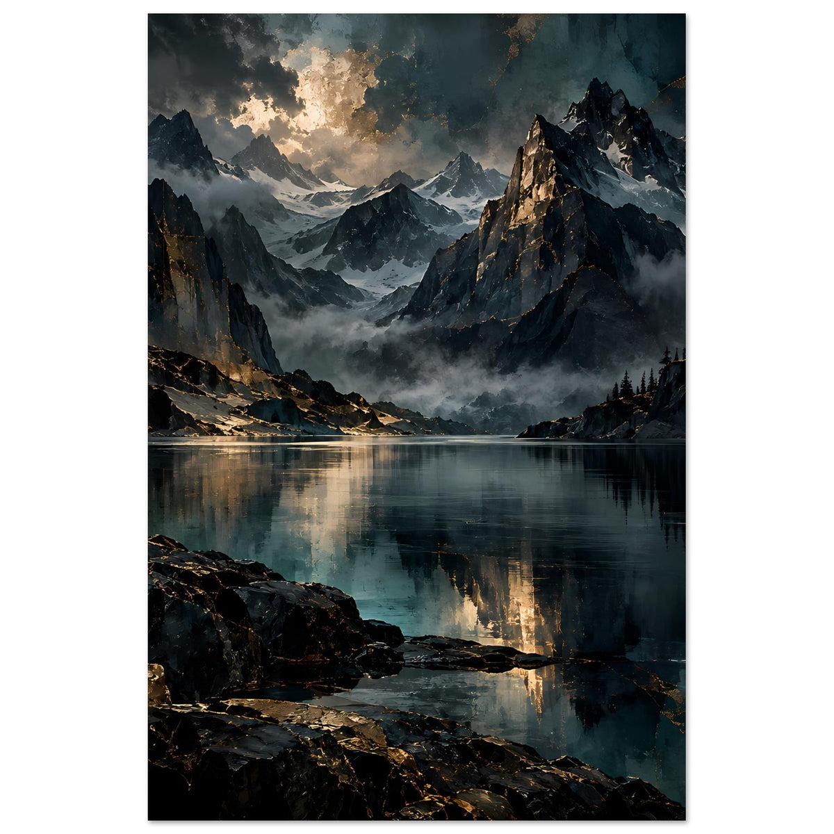 Landschaftsposter mit Bergsee, Felsen im Vordergrund und Sonnenlicht durch Wolken