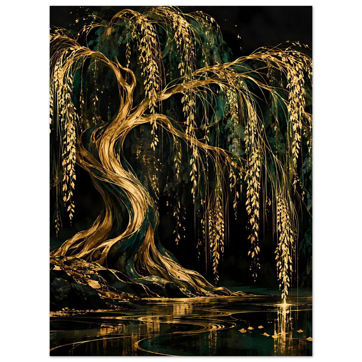 Poster mit goldenen Weidenzweigen und Wasserreflexion, mittiger Bildausschnitt