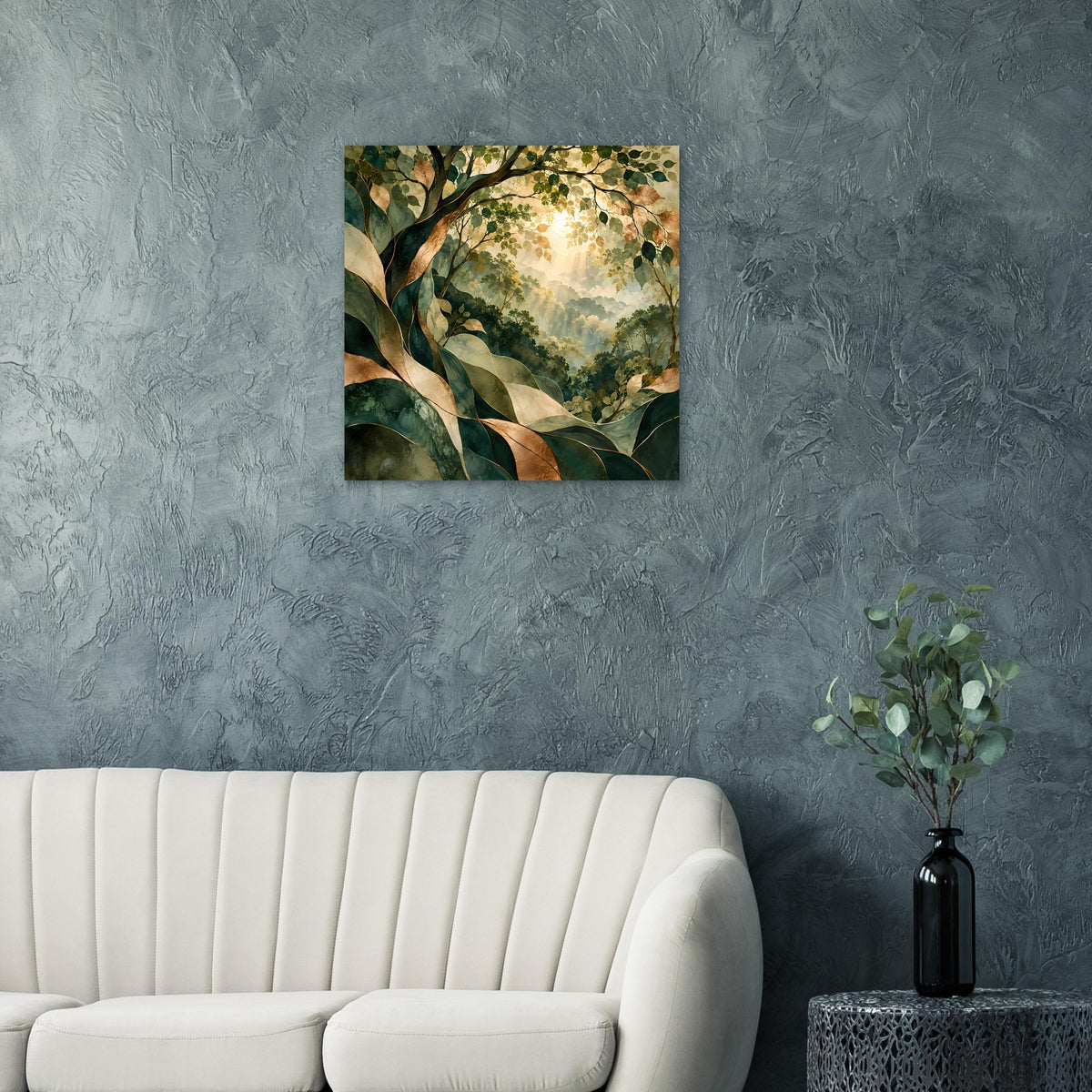 Naturposter im Querformat mit grünen Blättern, goldener Lichtquelle und naturreicher Landschaft
