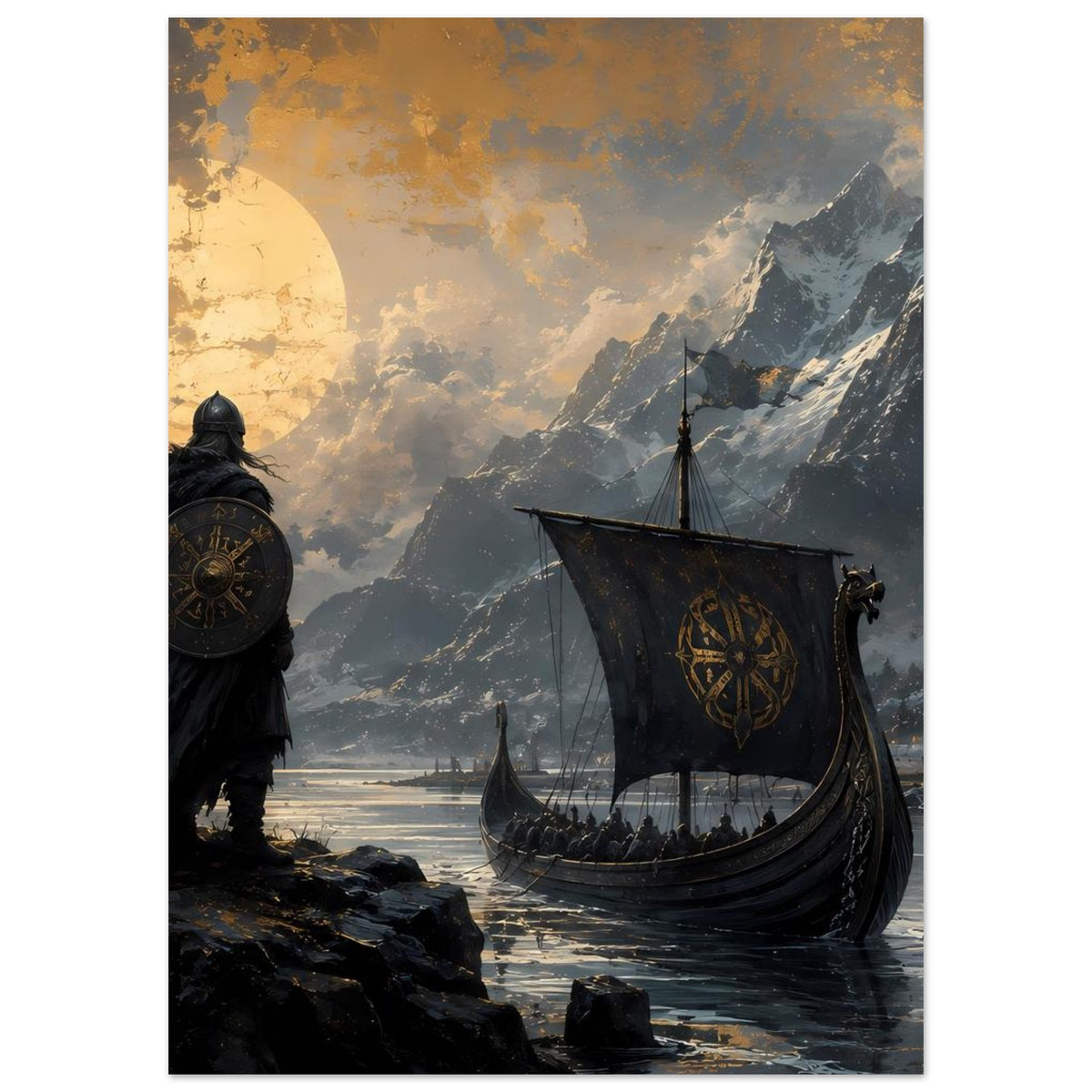 Wikinger-Poster mit Drachenboot und Krieger mit Schild vor hohen Bergen