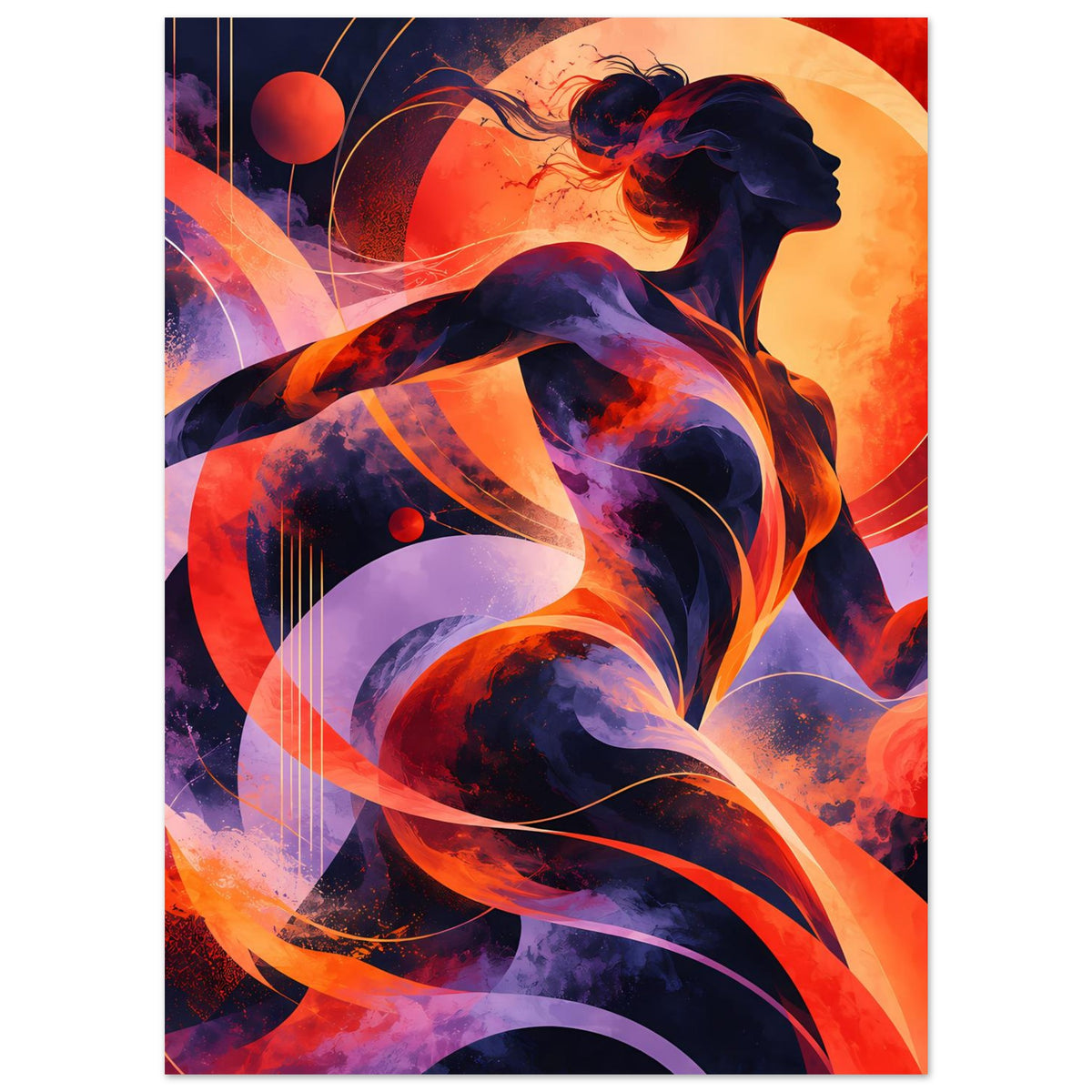 Kunstdruck-Poster mit abstrakter Frauenfigur, dominantes Orange und Dunkelblau, farbige Bögen