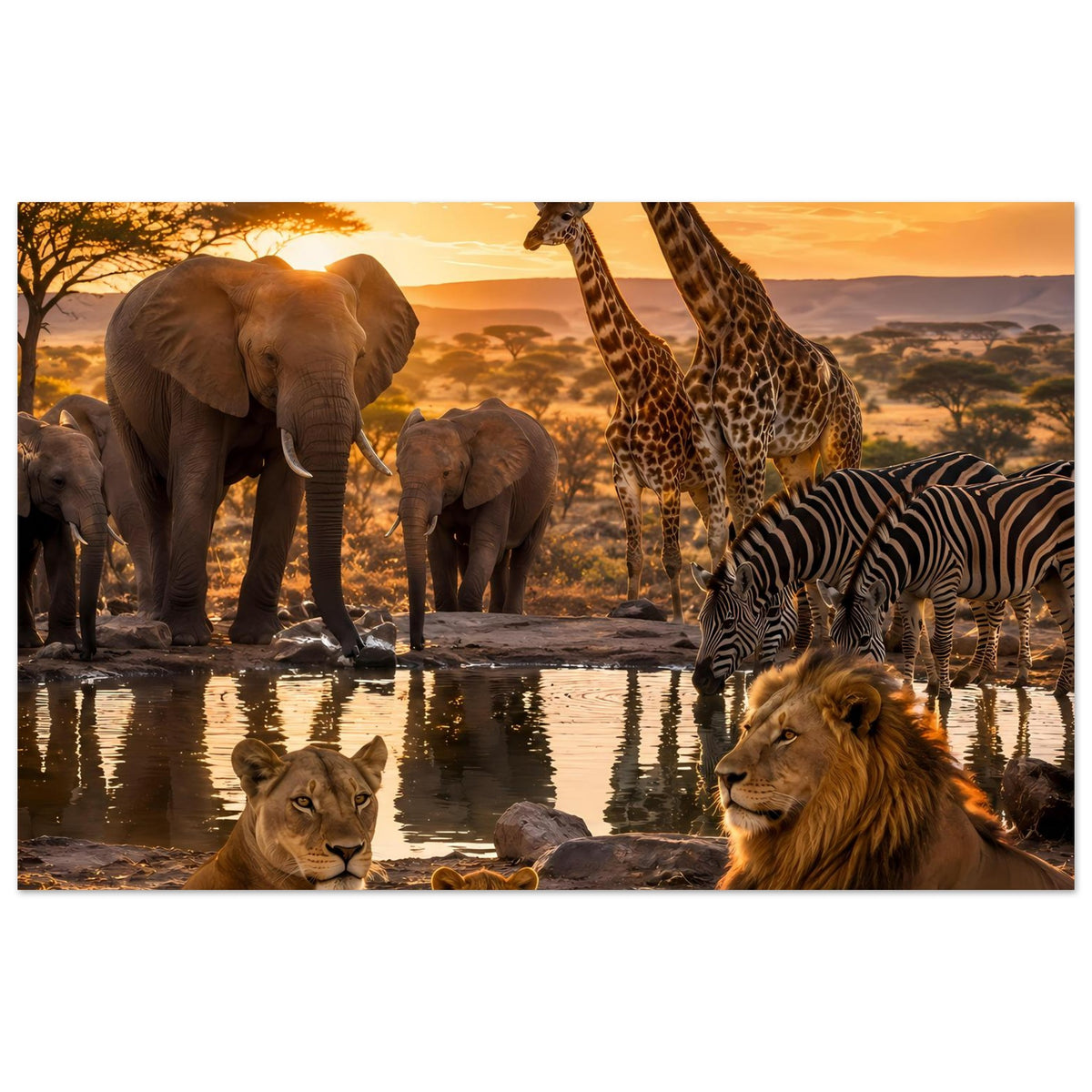 Poster im Querformat mit Löwen, Elefanten, Giraffen und Zebras an einer Wasserstelle