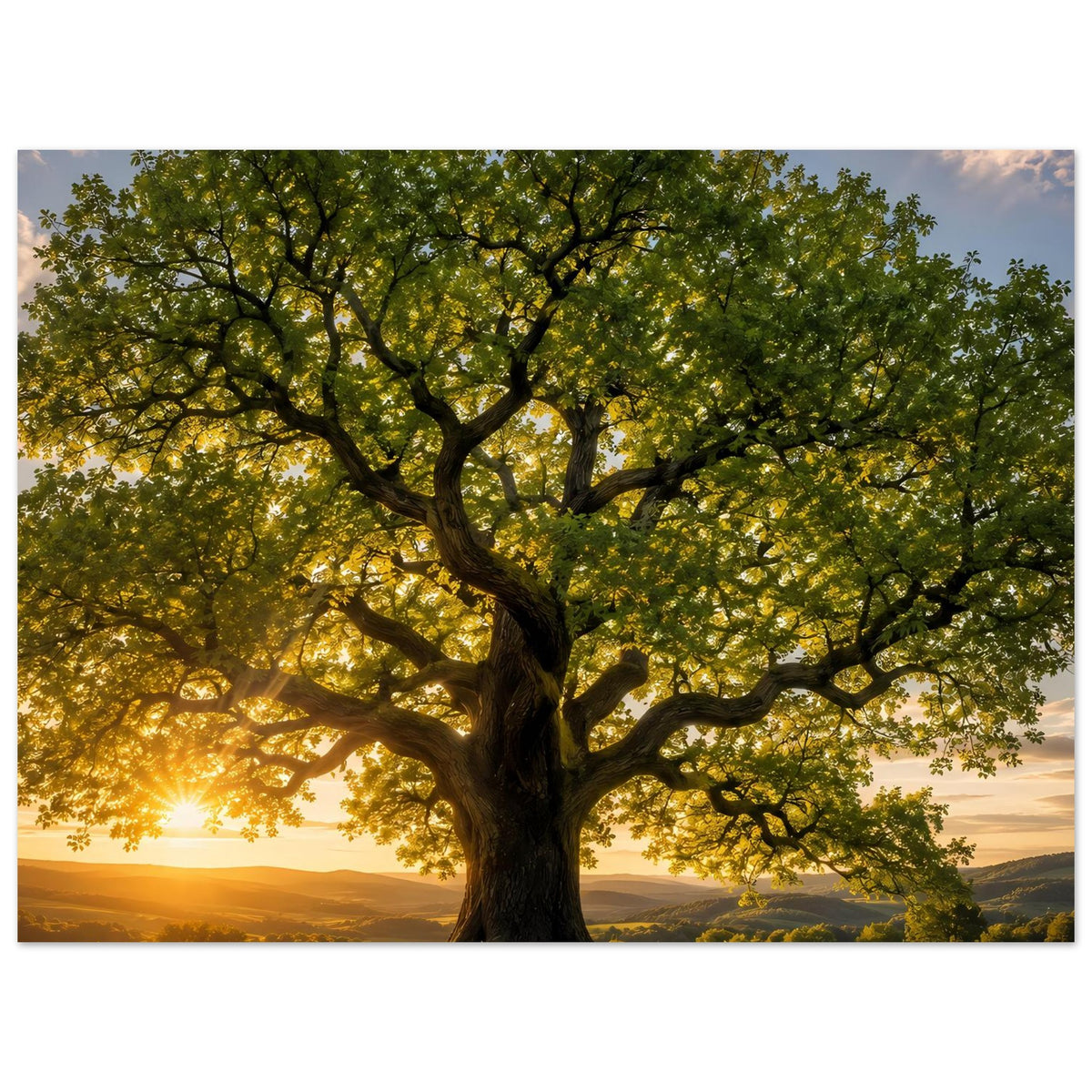 Baum-Poster mit großem Stamm, dichte Blätter und goldener Sonnenhorizont