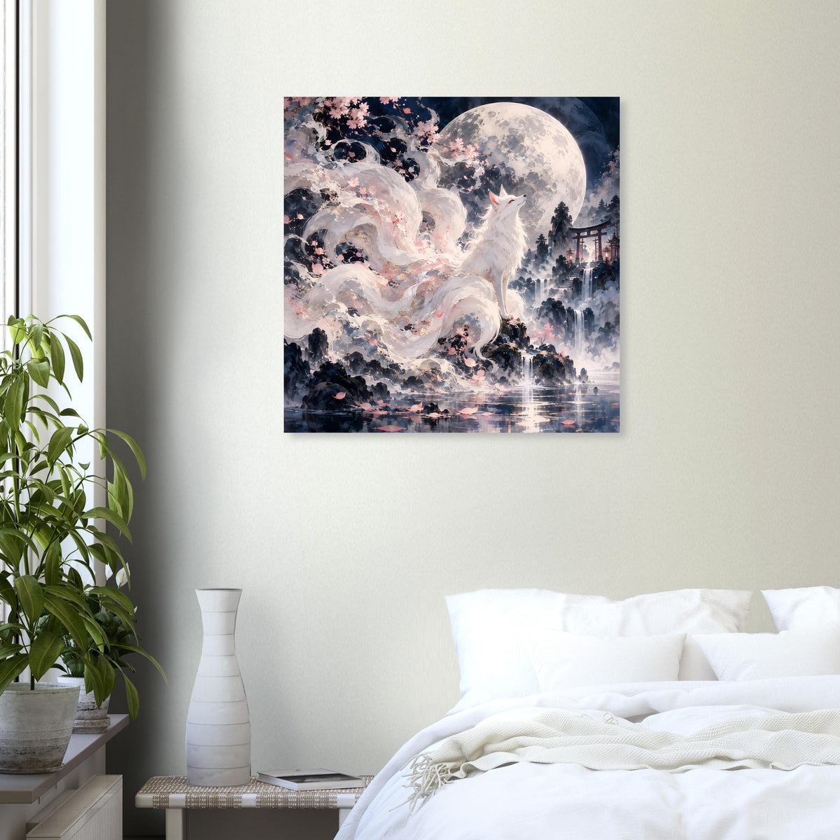 Wandbild/Fantasy-Poster: weißer Fuchs vor großem Vollmond, Kirschblüten, blau-violetter Himmel