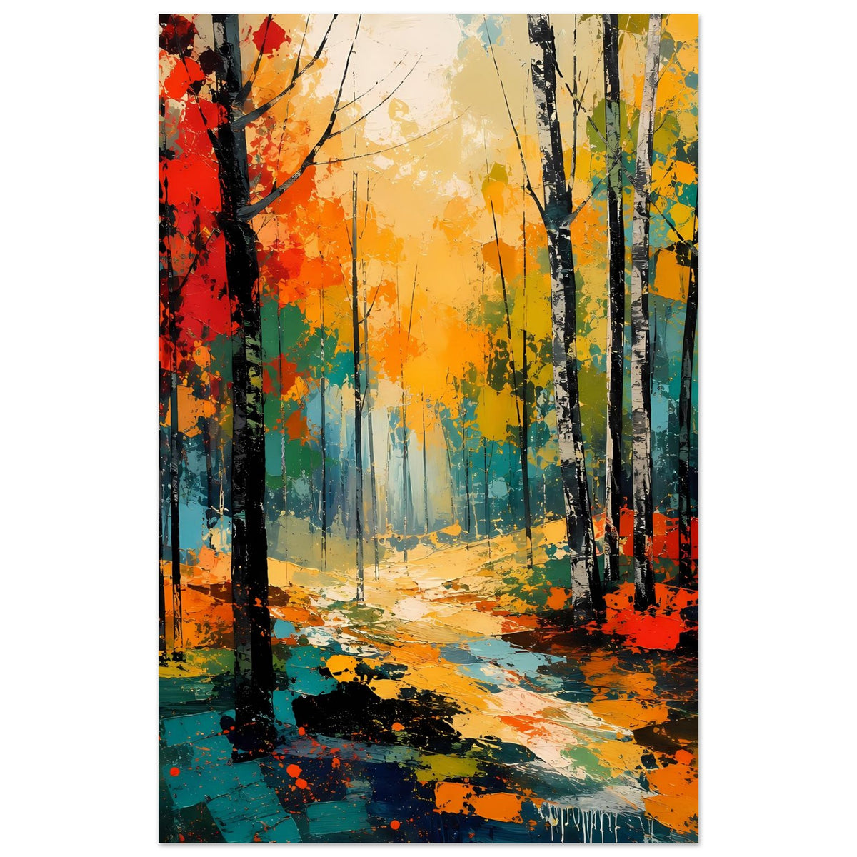 Herbstwald-Poster im Hochformat, Fokus auf Baumreihe und Pfad im bunten Farbschmelz