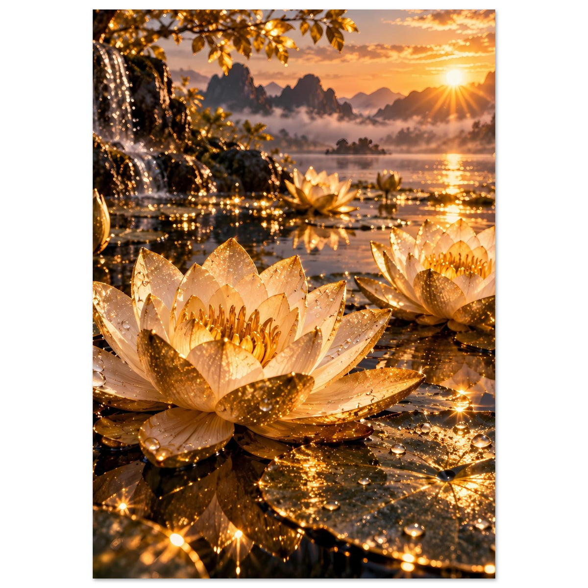 Vertikales Lotus-Blumenposter mit goldenen Lotosblüten, Lichtreflexen und Sonne am Horizont