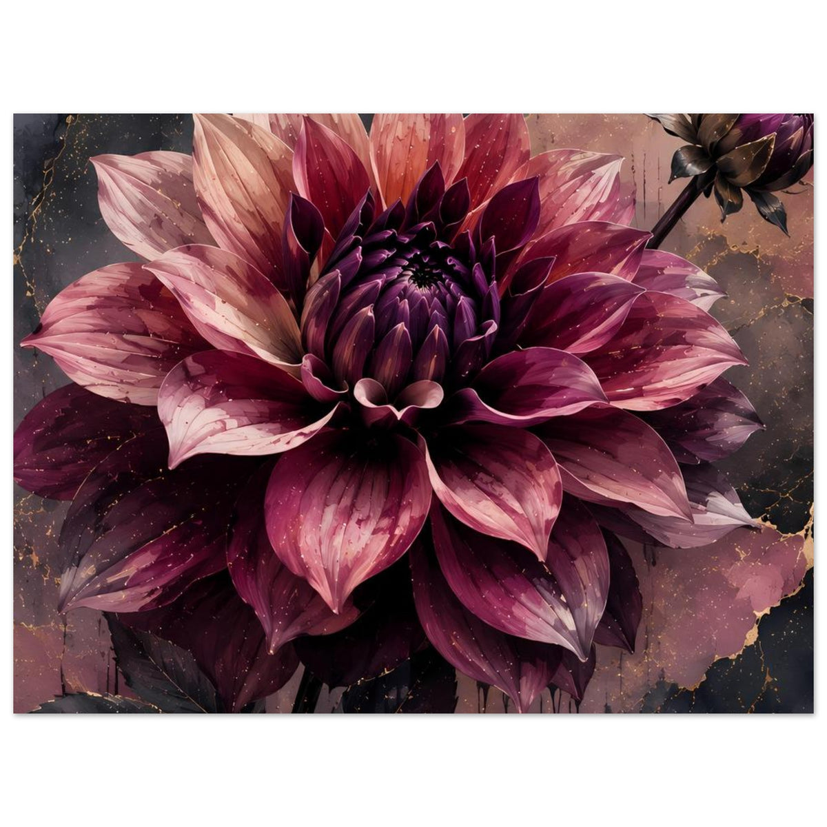 Großes Dahlien-Blumenposter mit dunklen violetten Blüten und kleinen Goldakzenten