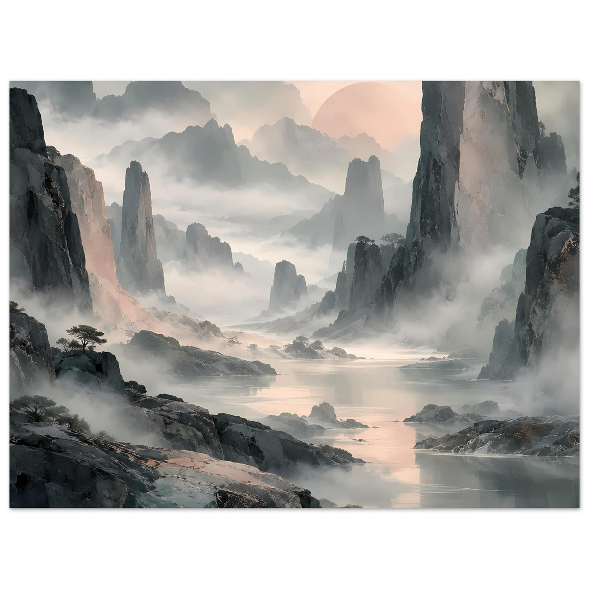 Gerahmtes Querformat-Poster: neblige Berge, Felskämme und ruhiger See