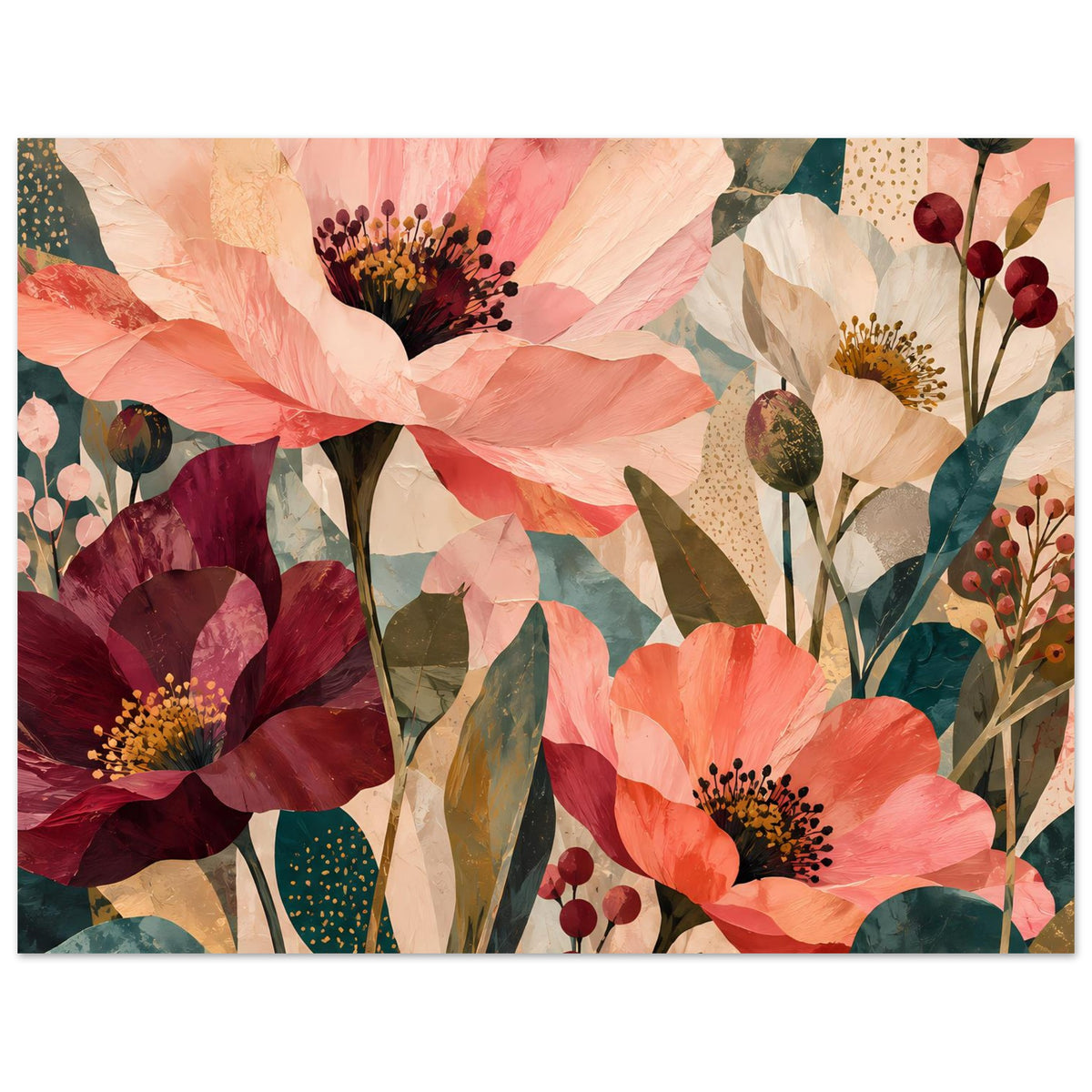 Blumen-Artposter mit Korallenblüten und Burgundnuancen, grünen Stielen, abstraktes Motiv