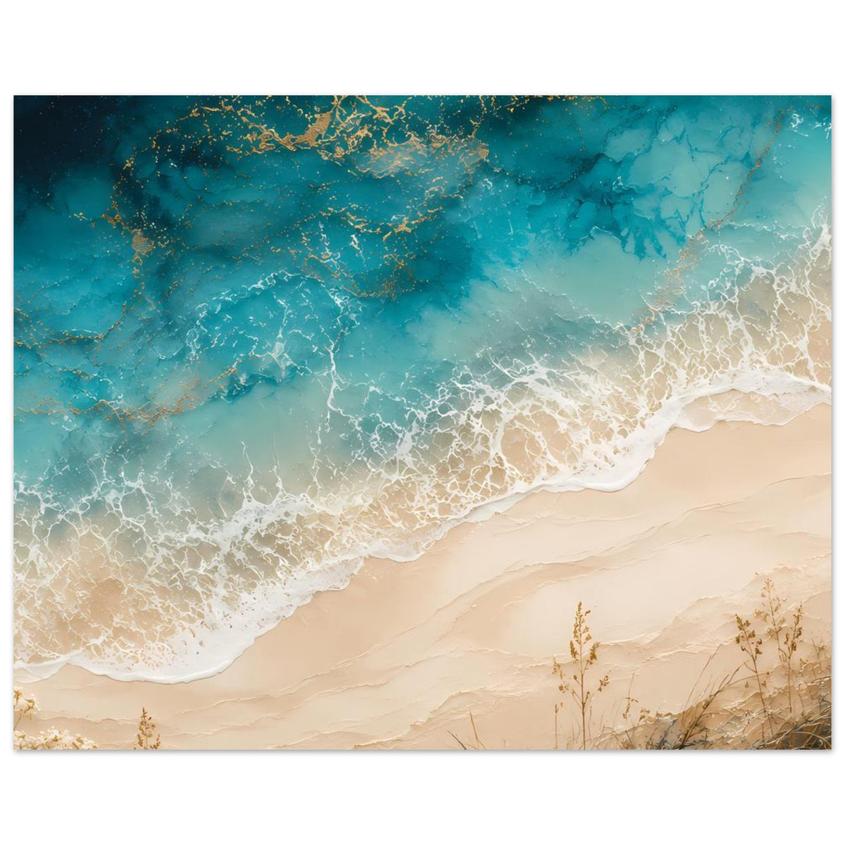 Strandposter mit türkisfarbenen Wellen, weißem Schaumrand und beiger Küstenlandschaft