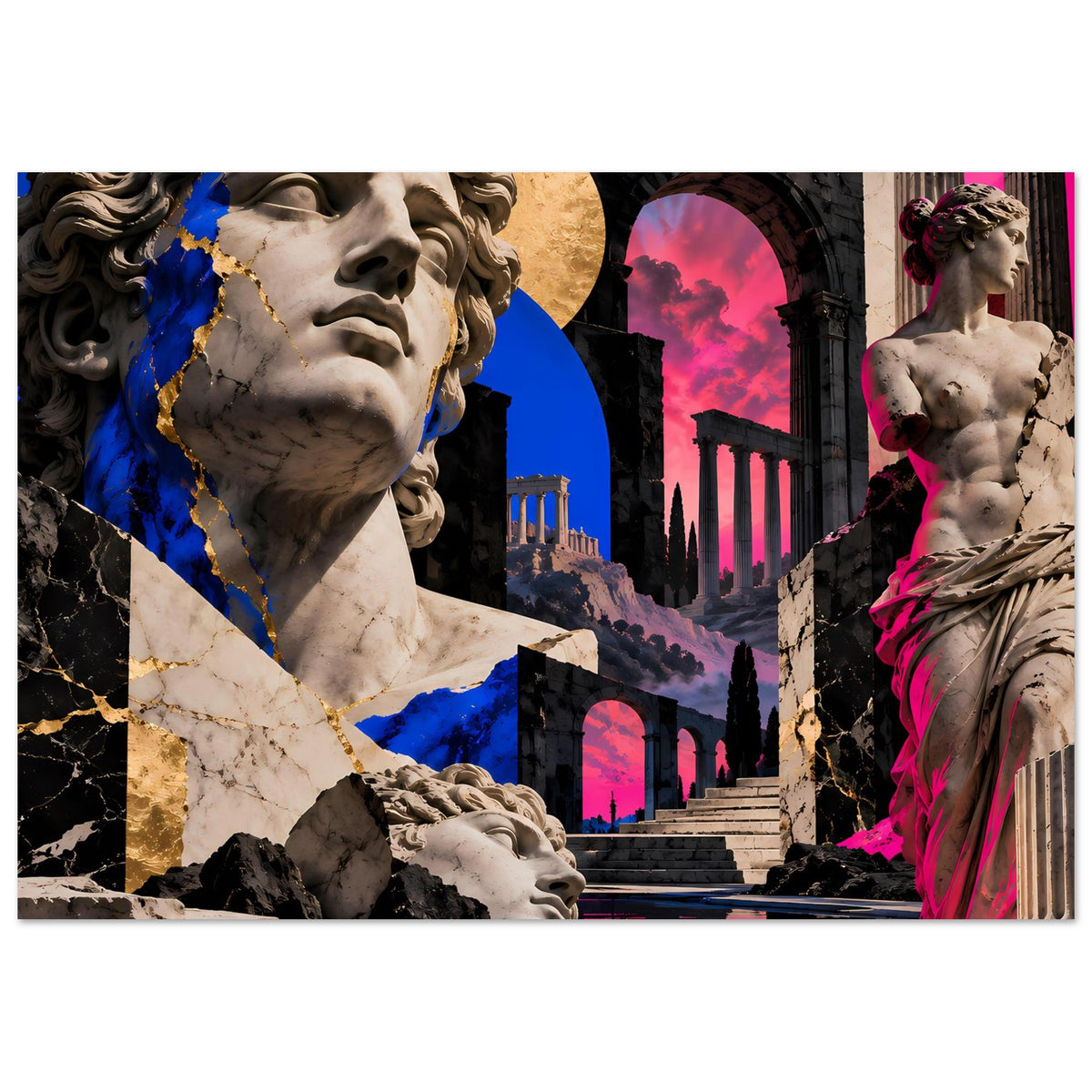 Kunstposter mit klassischer Statue links, rosa-blauer Landschaft mit Treppen und Archivoltengang.