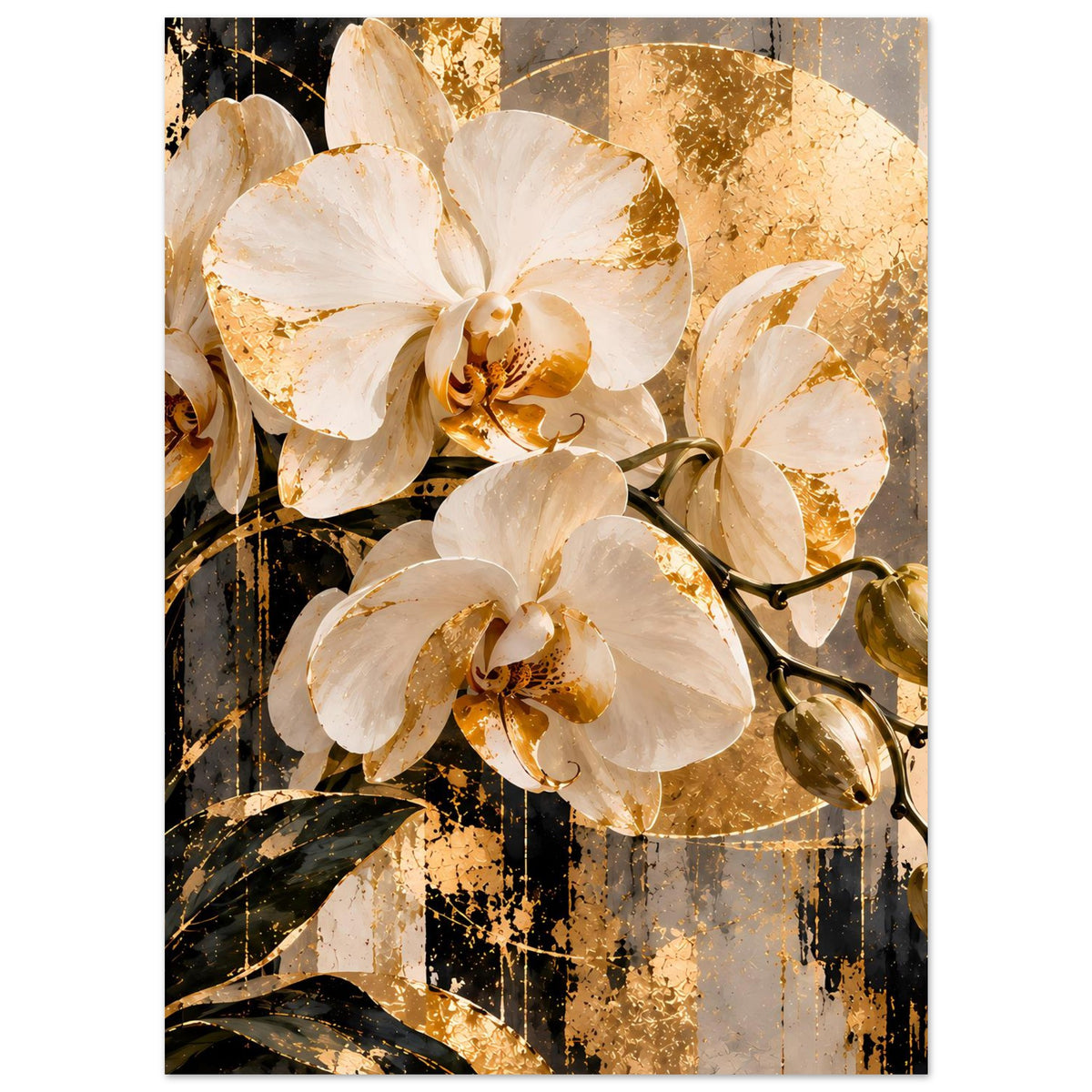 Blumenposter mit weißen Orchideen, goldenen Akzenten und schwarzen Blättern.