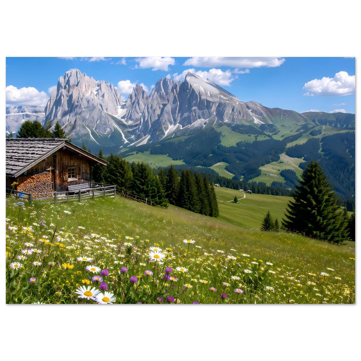 Landschaftsposter im Querformat: Berghütte links, Blumenwiese und schneebedeckte Berge im Tal.