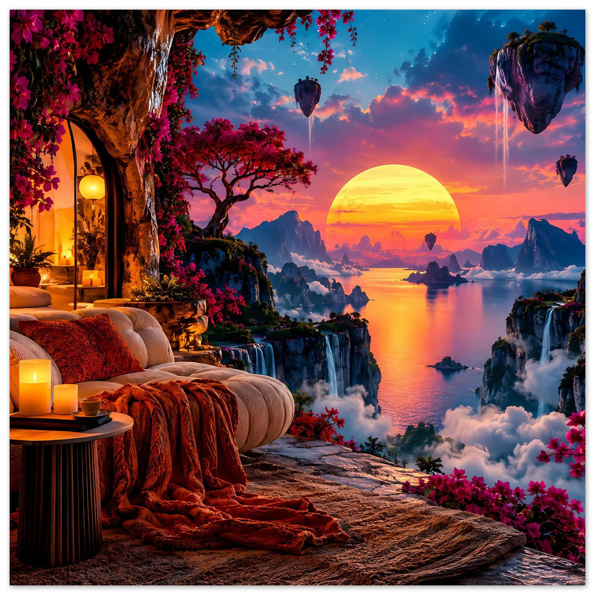 Poster mit Traumlandschaft: leuchtende Sonne, See bei Dämmerung, Wasserfall, Ballons und Blumen.