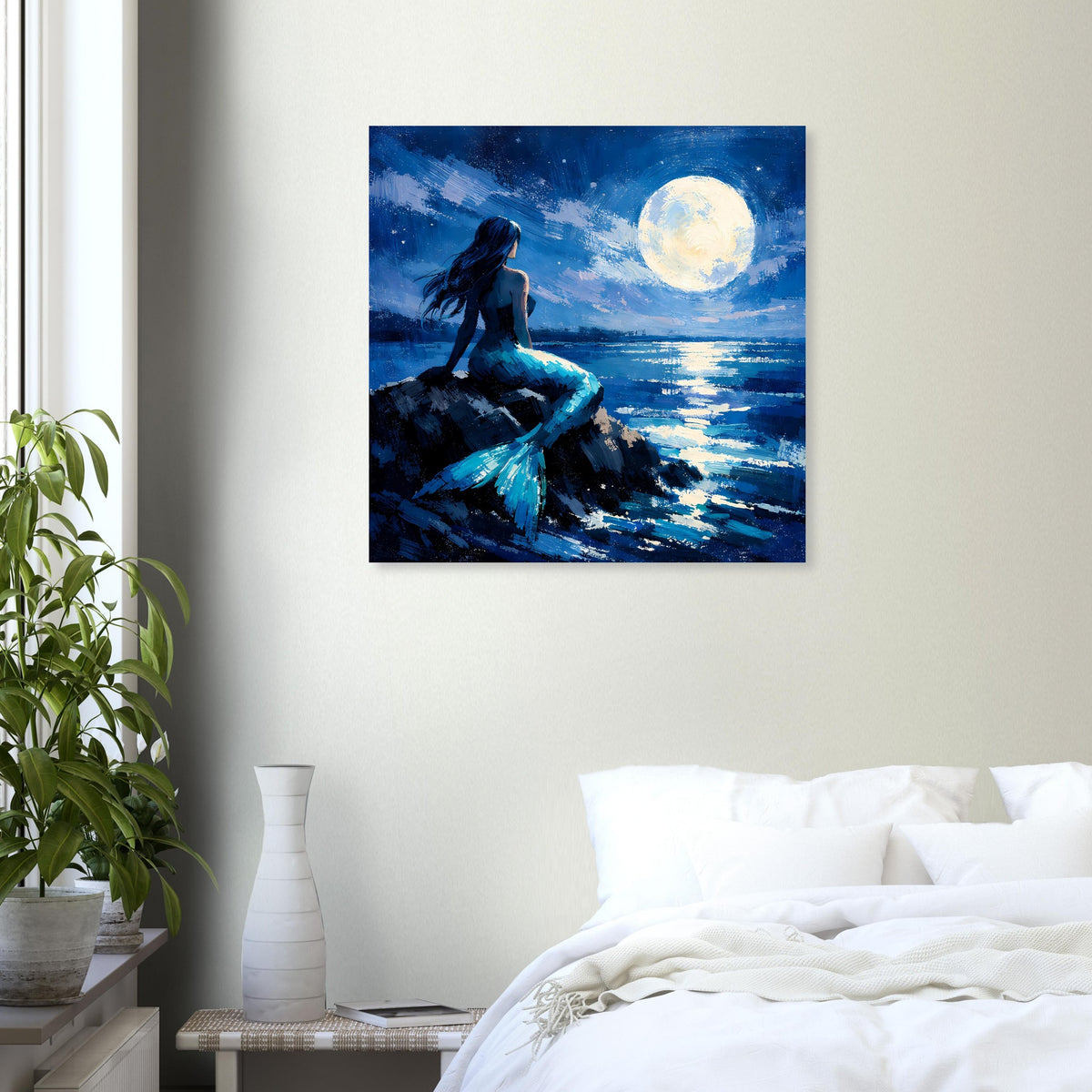 Quadratisches Kunstposter mit Meerjungfrau im Mondschein und spiegelndem Wasser