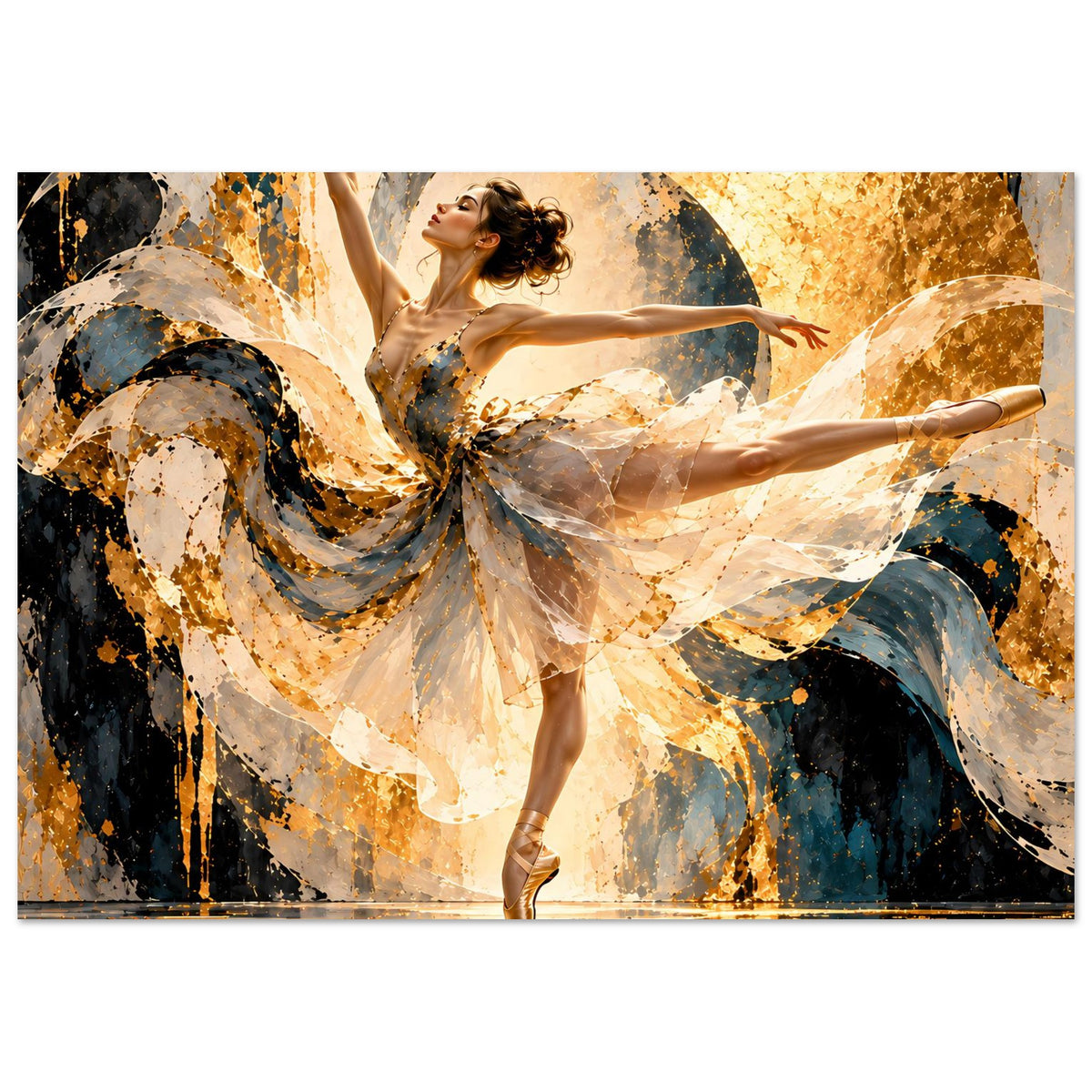Ballettkunst-Poster: Balletttänzerin im großen Bewegungsbogen, beiges Kostüm mit blauem Farbverlauf