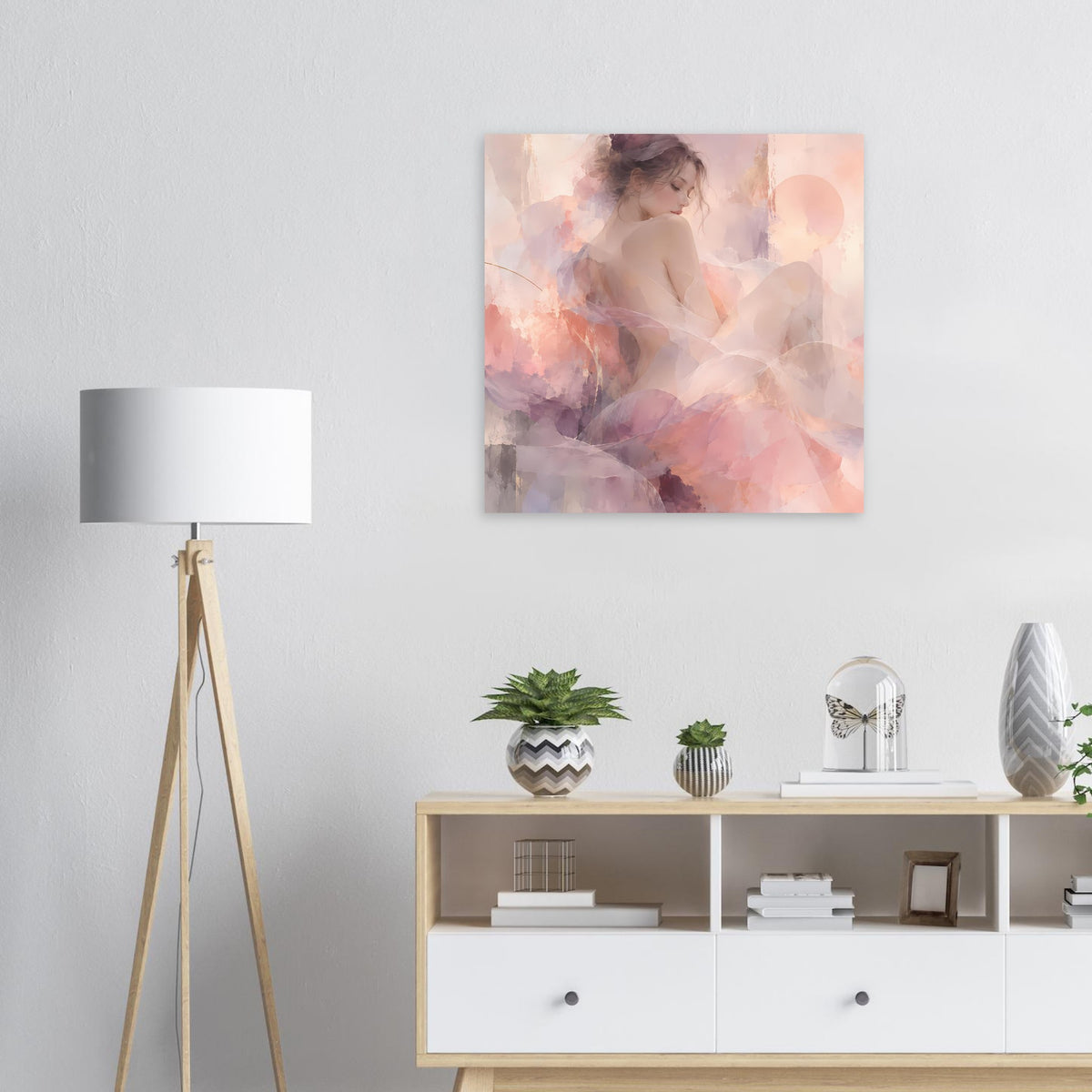 Wandposter mit abstraktem Frauenporträt in Pastellrosa und Lavendel, quadratisch