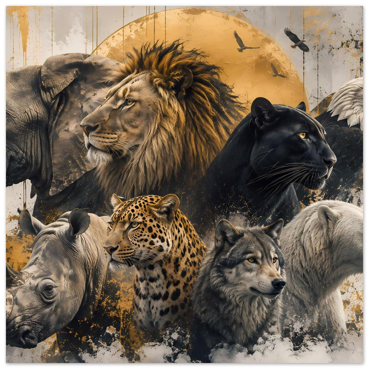 Wildtier-Poster: Löwe und Panther neben Leopard, Wolf und weiteren Tieren in Gold-Schwarz