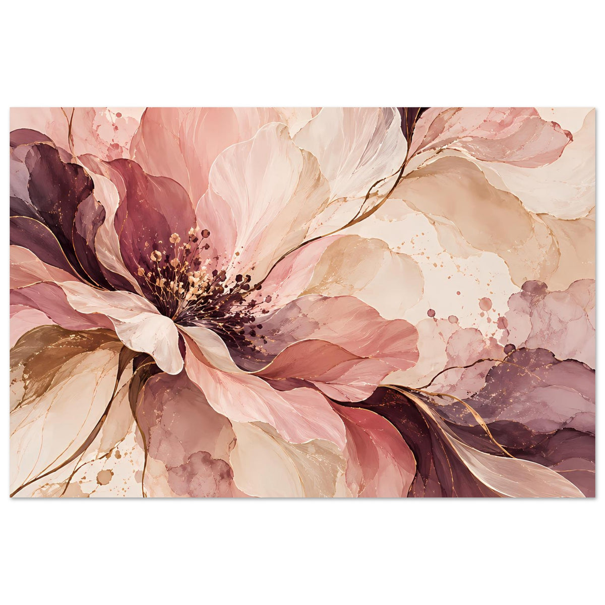 Blütenposter im Rahmen mit üppigen Rosa- und Beerentönen sowie feinen Staubfäden
