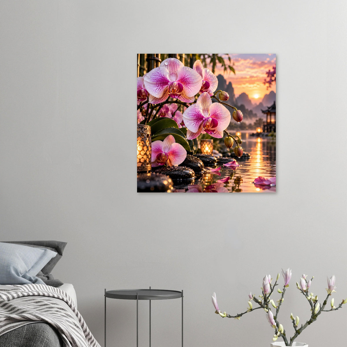 Poster mit rosa Orchideen, goldenen Windlichtern und Sonnenuntergangslicht am See