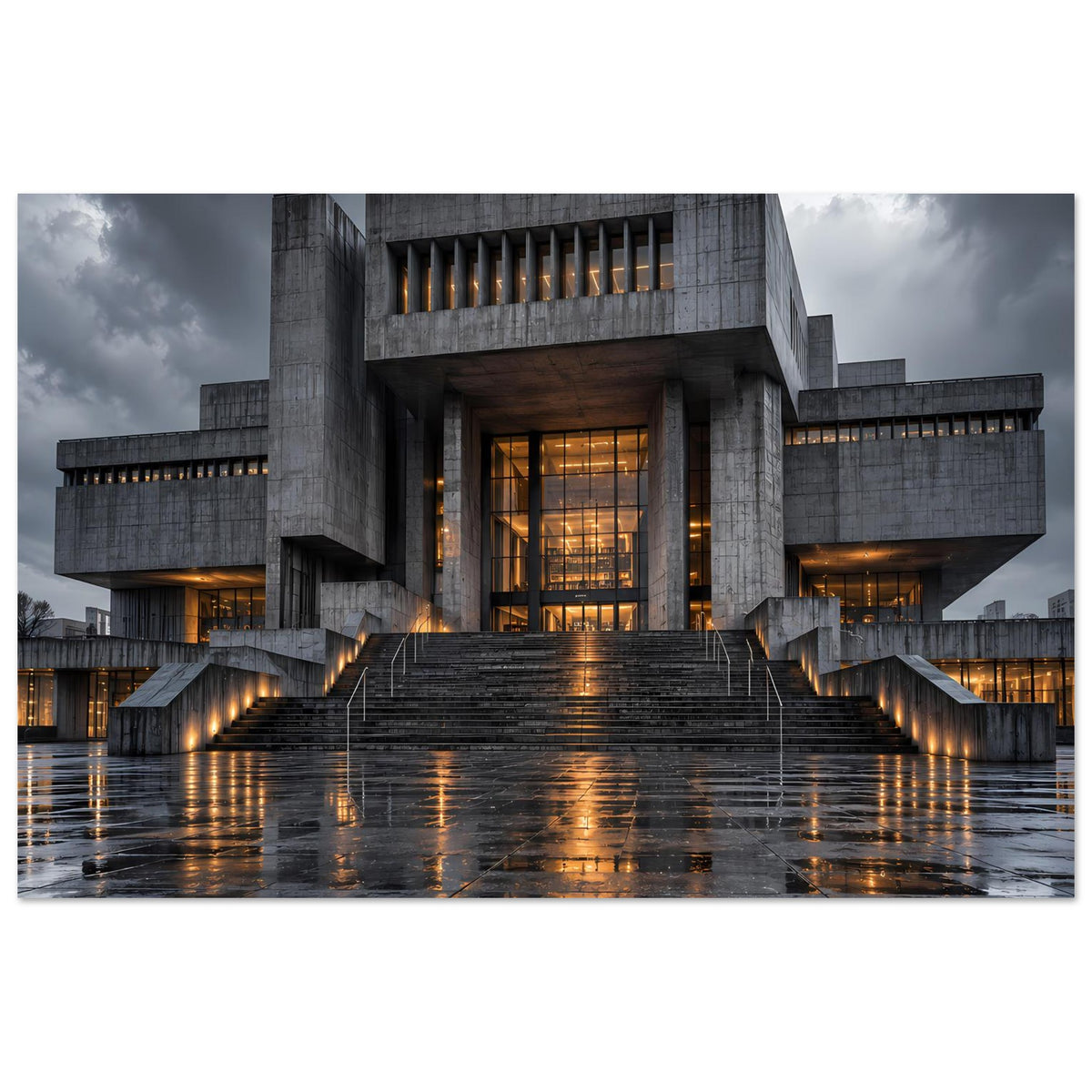 Urbanes Architekturposter mit Treppe, reflektierendem Boden und beleuchtetem Gebäude