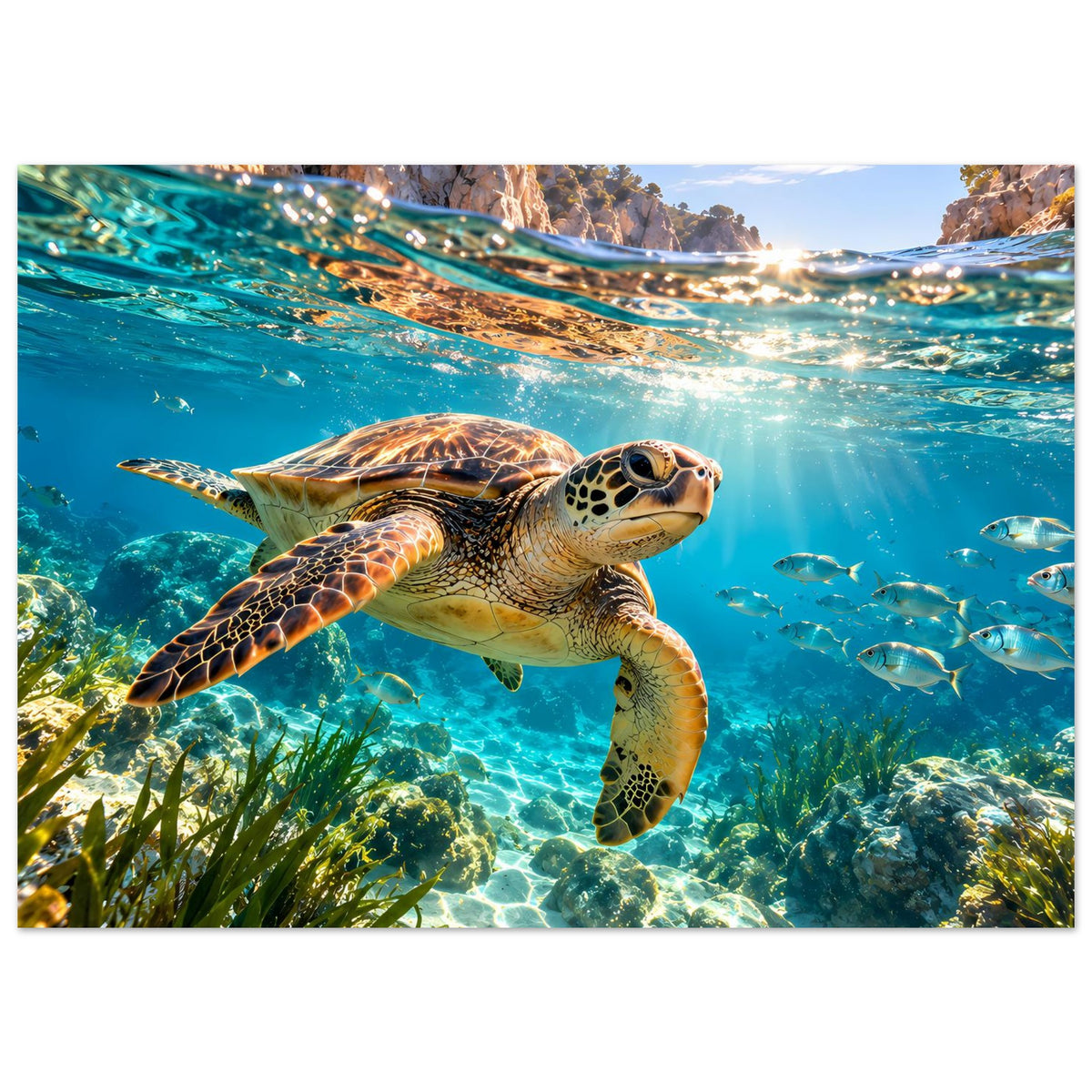Quadratisches Meeresschildkröten-Motiv mit Schaumkronenreflexen, Seegras und Fischen