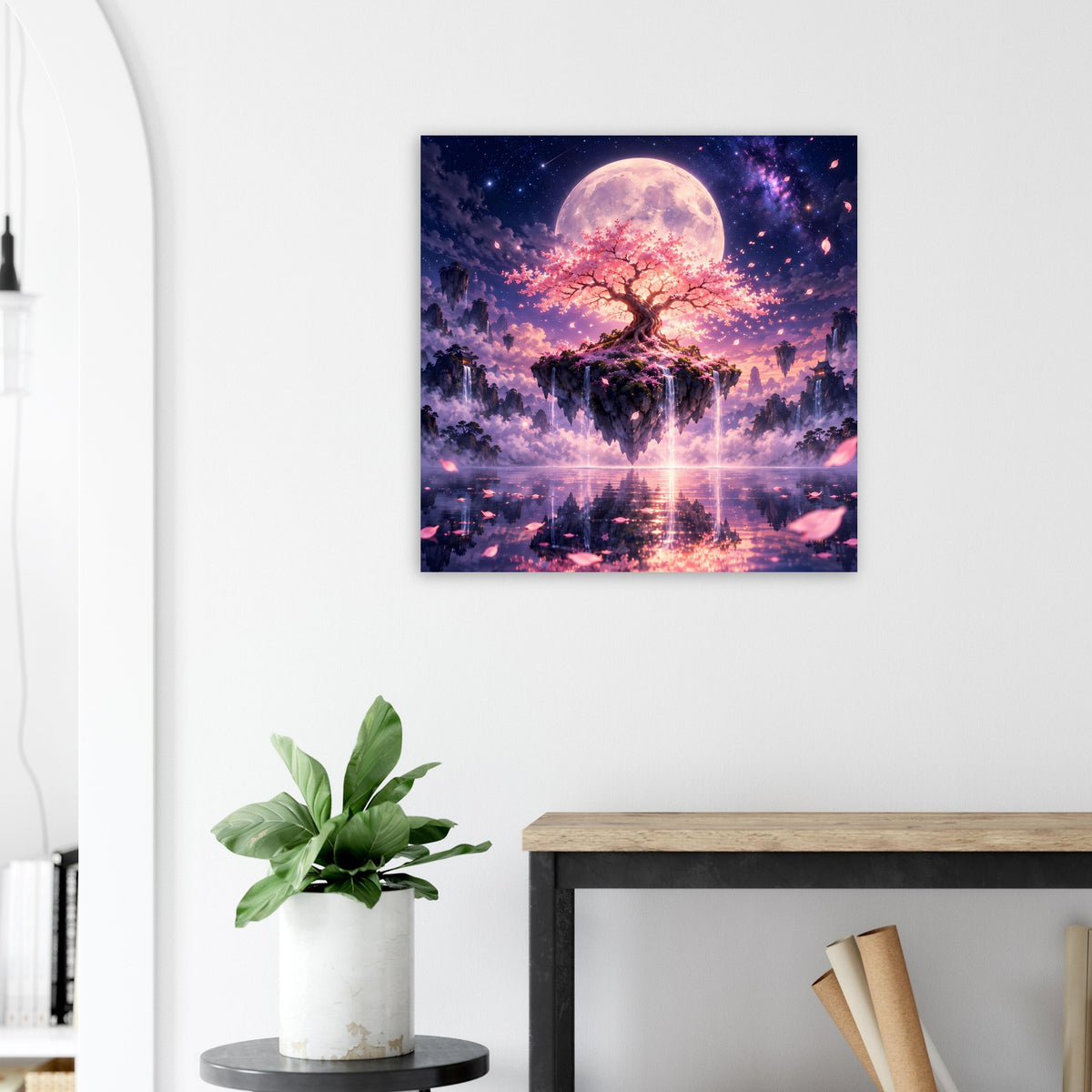 Quadratisches Wandposter mit Kirschblütenbaum, Vollmond und leuchtendem Himmel