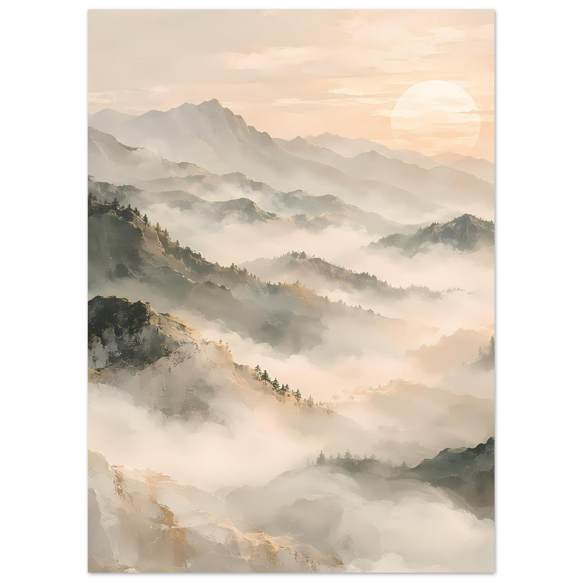 Poster mit Panorama-Berglandschaft im Nebel, warme Lichtstimmung, matter Kunstdruck, hochformat