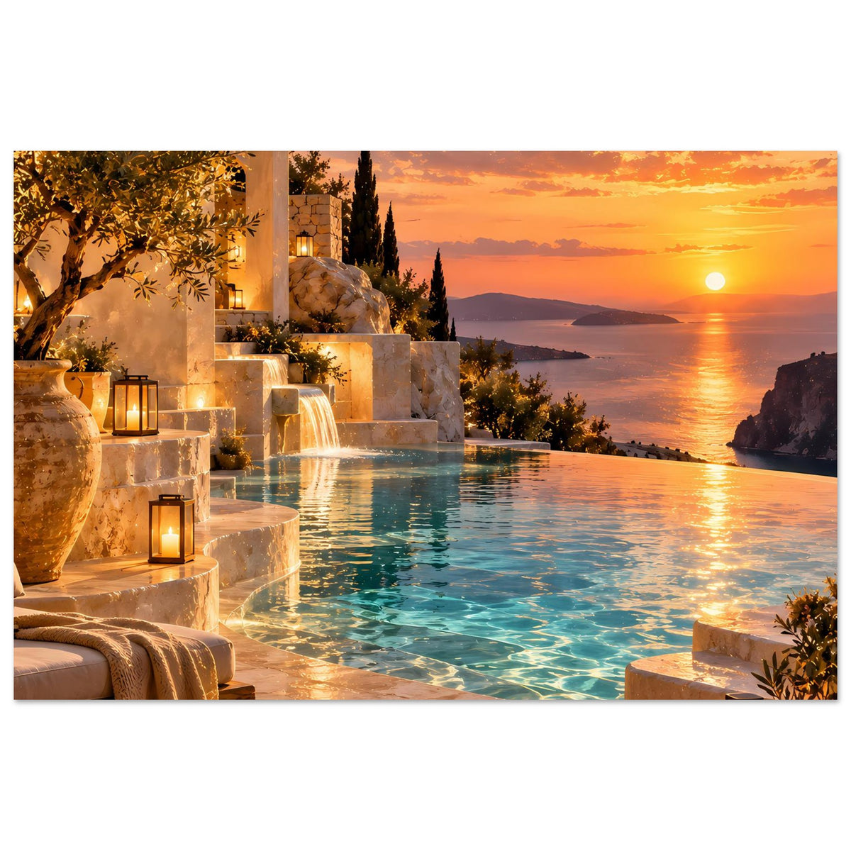 Landschaftsposter mit Pool, Wasserfontänen, Gartenlaternen und goldenem Sonnenuntergang