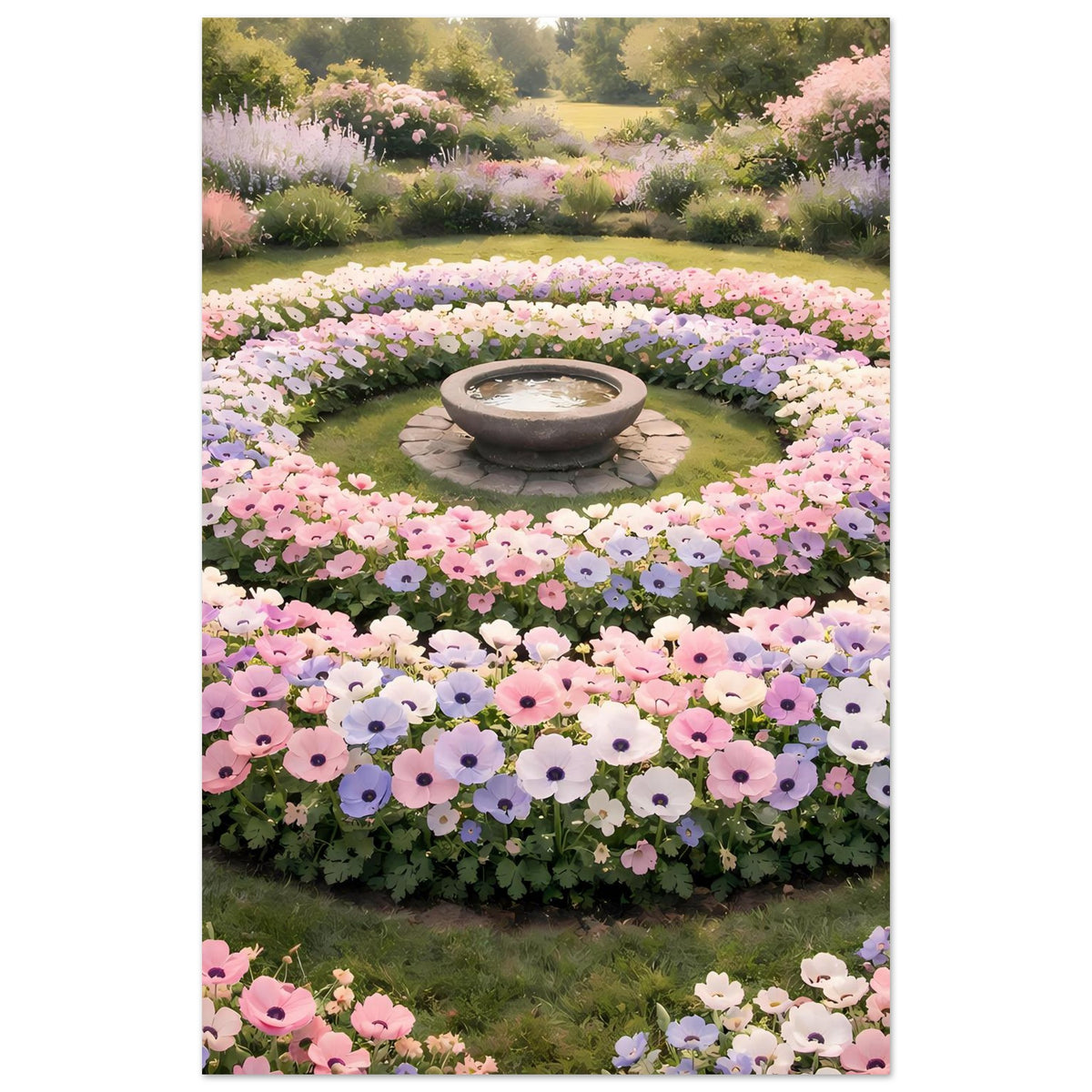 Blumenbeet-Poster mit runder Blumenanlage: Pastellblütenkränze um eine Stein-Schale