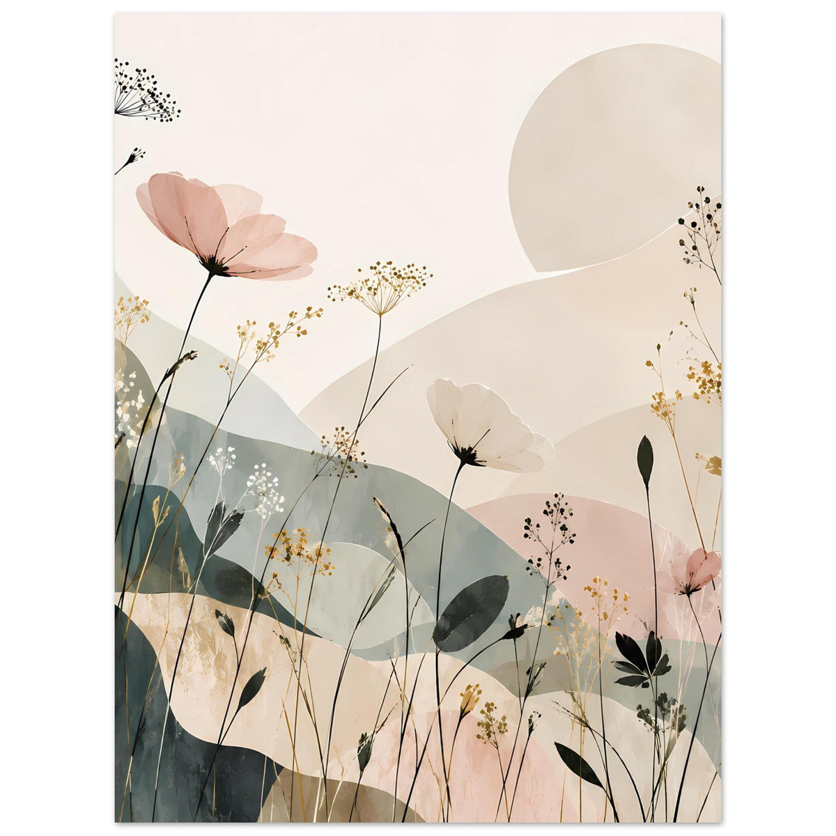 Florales abstraktes Poster im Hochformat mit zarten Blättern, Blüten und pastelligem Hintergrund