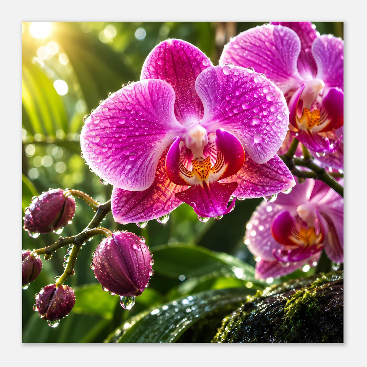 Poster mit lila Orchideenblüte und Wassertropfen auf Blättern, Orchideen rechts