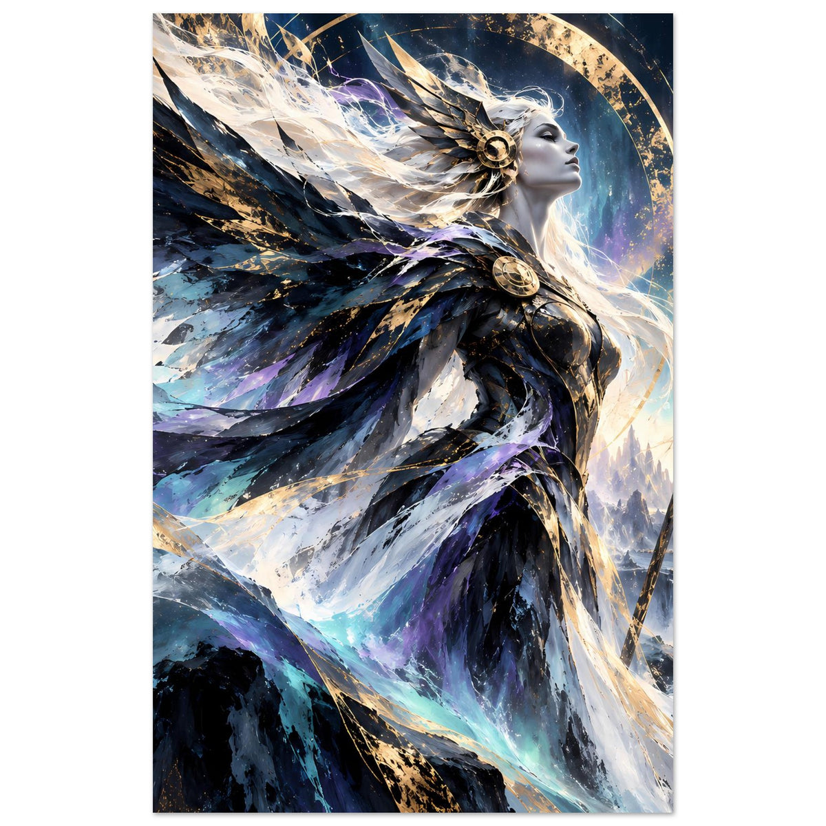 Fantasy-Göttinnenposter, Hochformat: Kopf und Flügel der Göttin mit goldener Krone