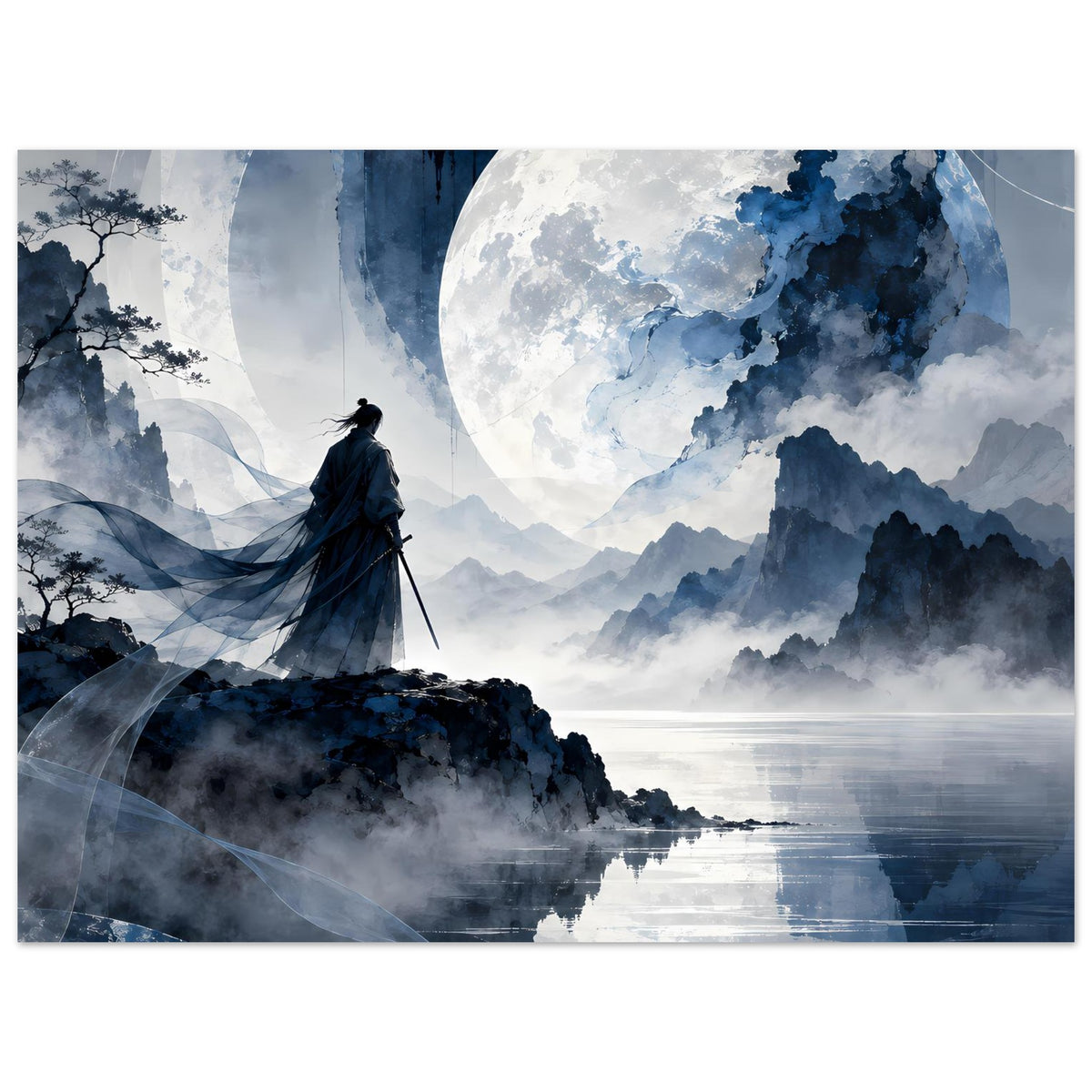Matte Poster im Querformat: Samurai im Dunkelblau vor Mond, Nebelberge und spiegelndes Wasser.