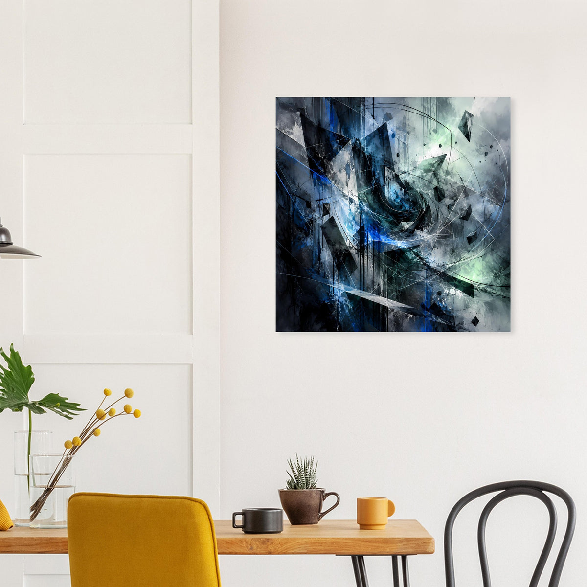 Abstraktes Kunstposter mit blauem Farbverlauf, grünem Schimmer und dunklen Einschnitten