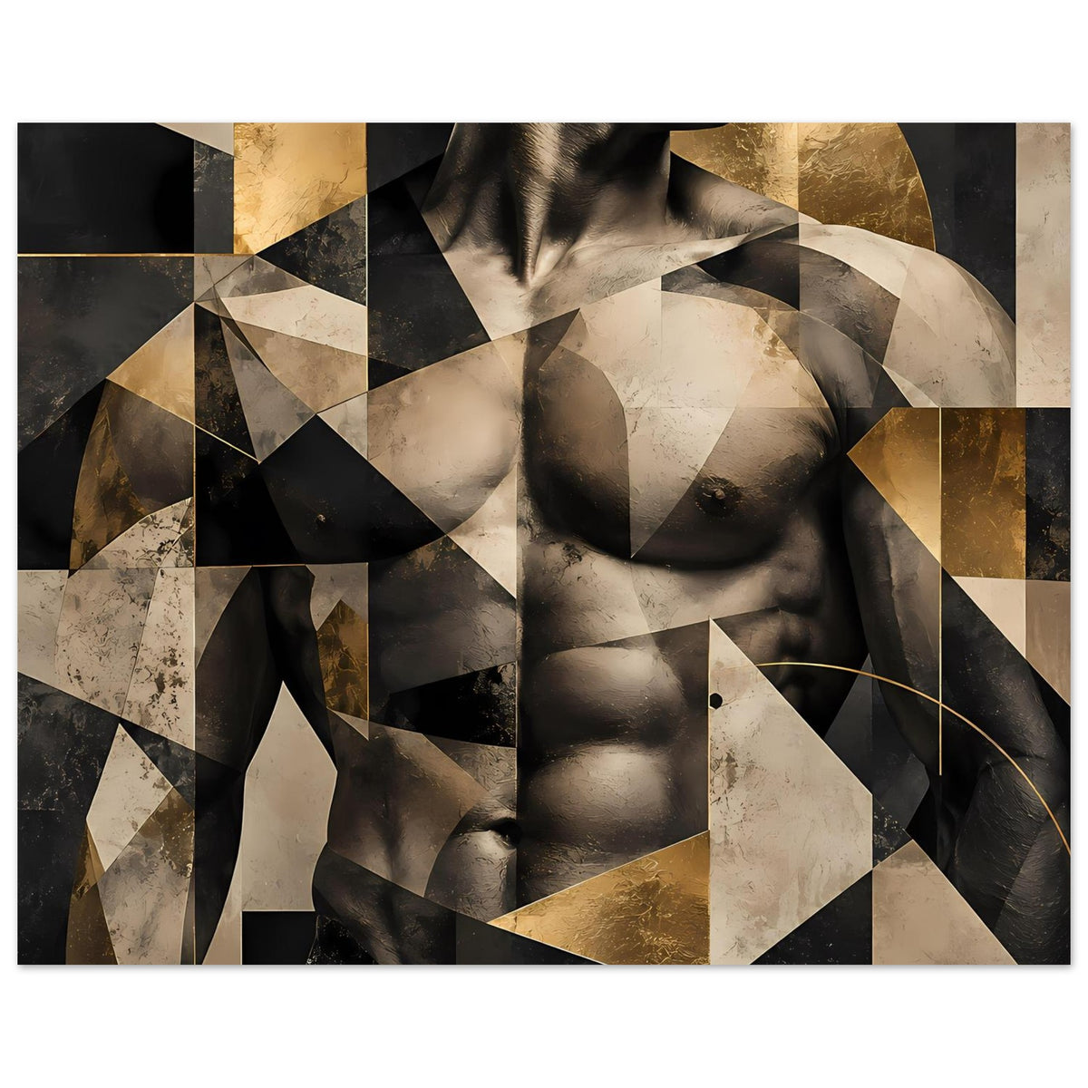Abstraktes Aktposter im Querformat mit geometrischen Akzenten in Gold, Beige und Schwarz