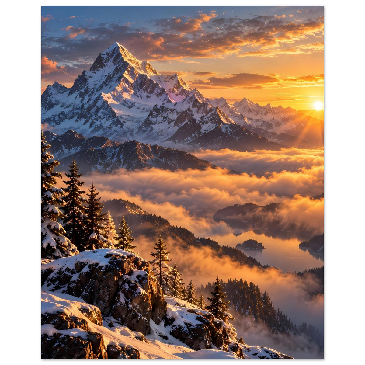Poster im Hochformat: schneebedeckte Berge, Fichten und Sonnenunterglühen mit strahlender Sonne