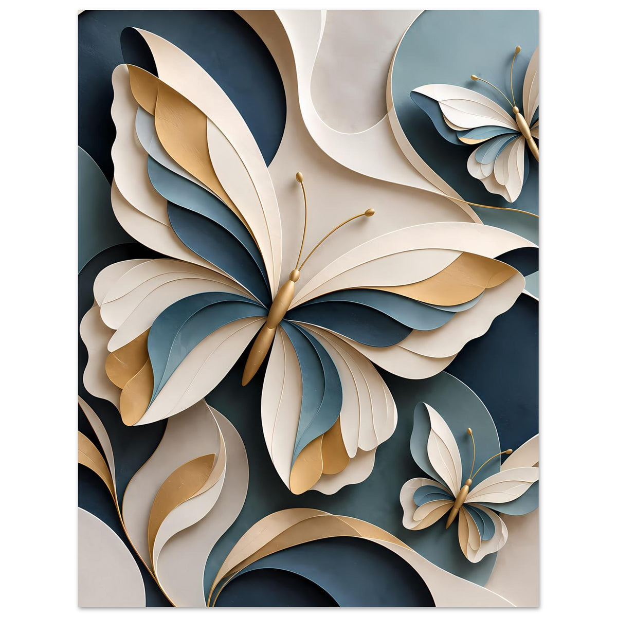 Premium-Poster mit Schmetterlings- und Blattornamenten in Blau, Gold, Weiß und Creme