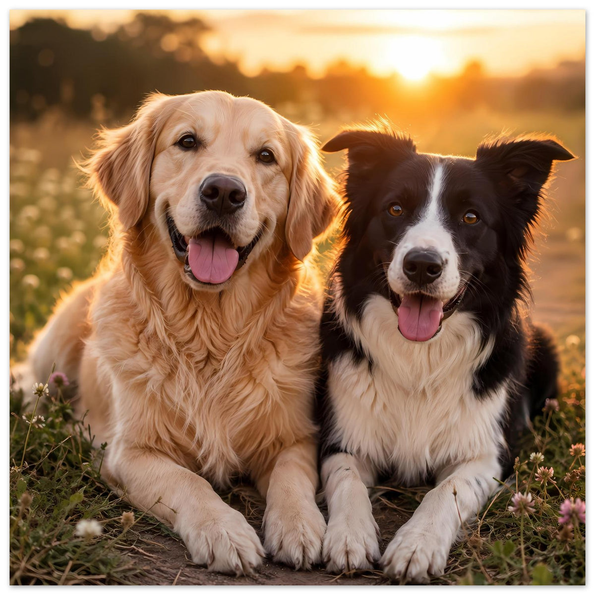 Poster mit zwei Hunden, golden und schwarz-weiß, im Blumenfeld sitzend