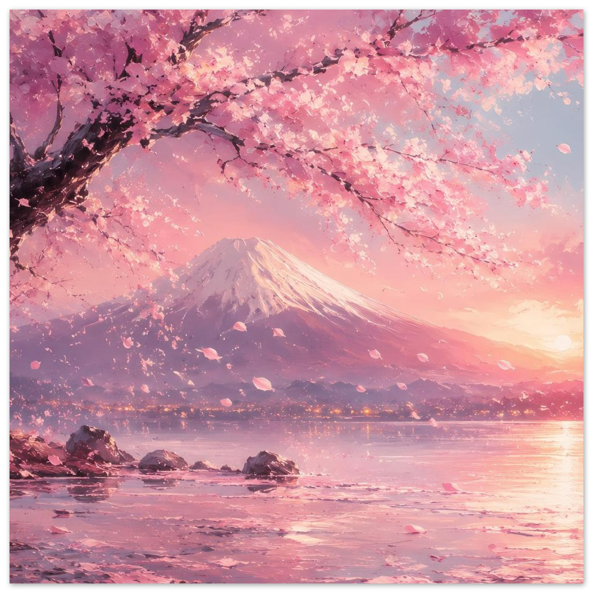 Vertikales Poster mit Fuji, Kirschblüten und rosafarbenem Himmel über Wasser und Küste