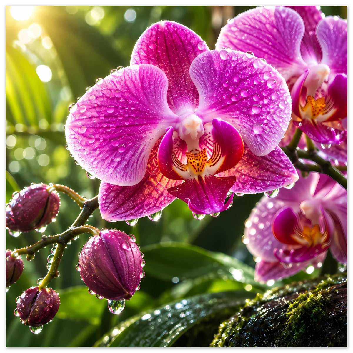 Poster mit lila Orchideenblüten, Wassertropfen auf Blättern und Knospen im Vordergrund