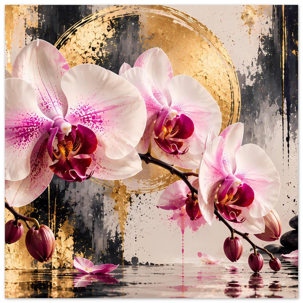 Orchideen-Poster mit weißrosa Orchideen und dunkleren Kernen, goldener Halbmondakzent